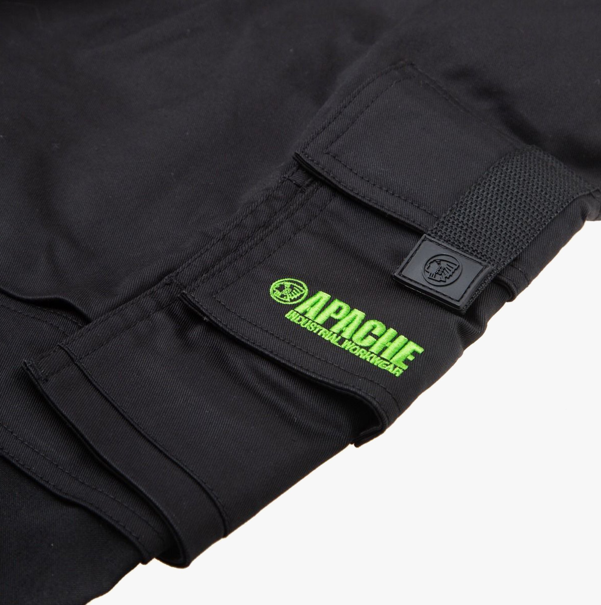 Apache BANCROFT Mens Trousers Black detail view showcasing pocket and logo features.