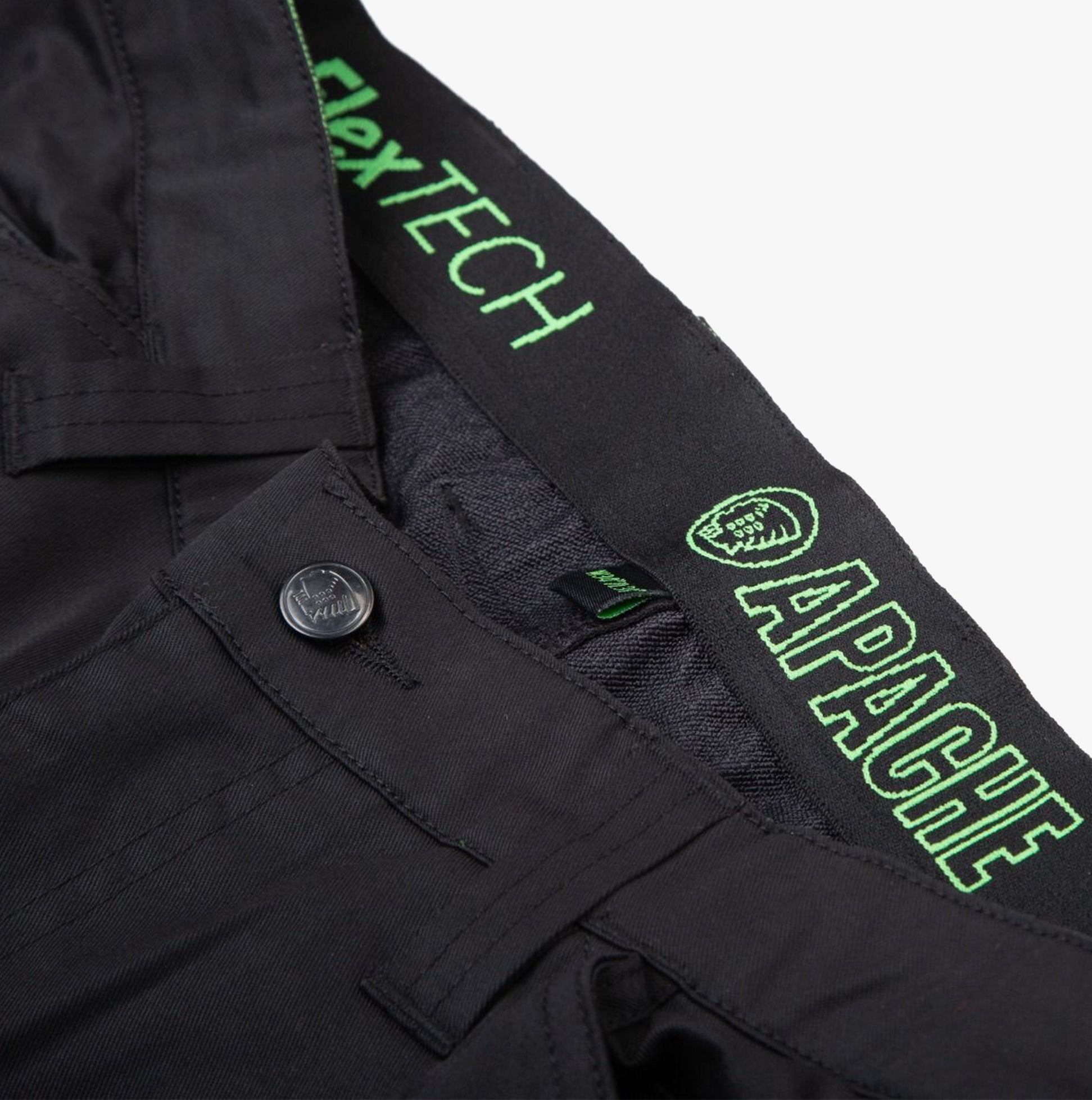 Apache BANCROFT Mens Trousers Black close-up detail view showing the waistband and branding.