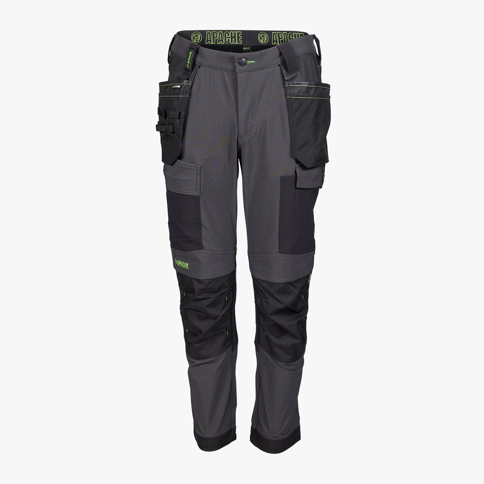 Apache CALGARY Mens Trousers Black front view showcasing design and features with pockets and Cordura-reinforced knee pads.