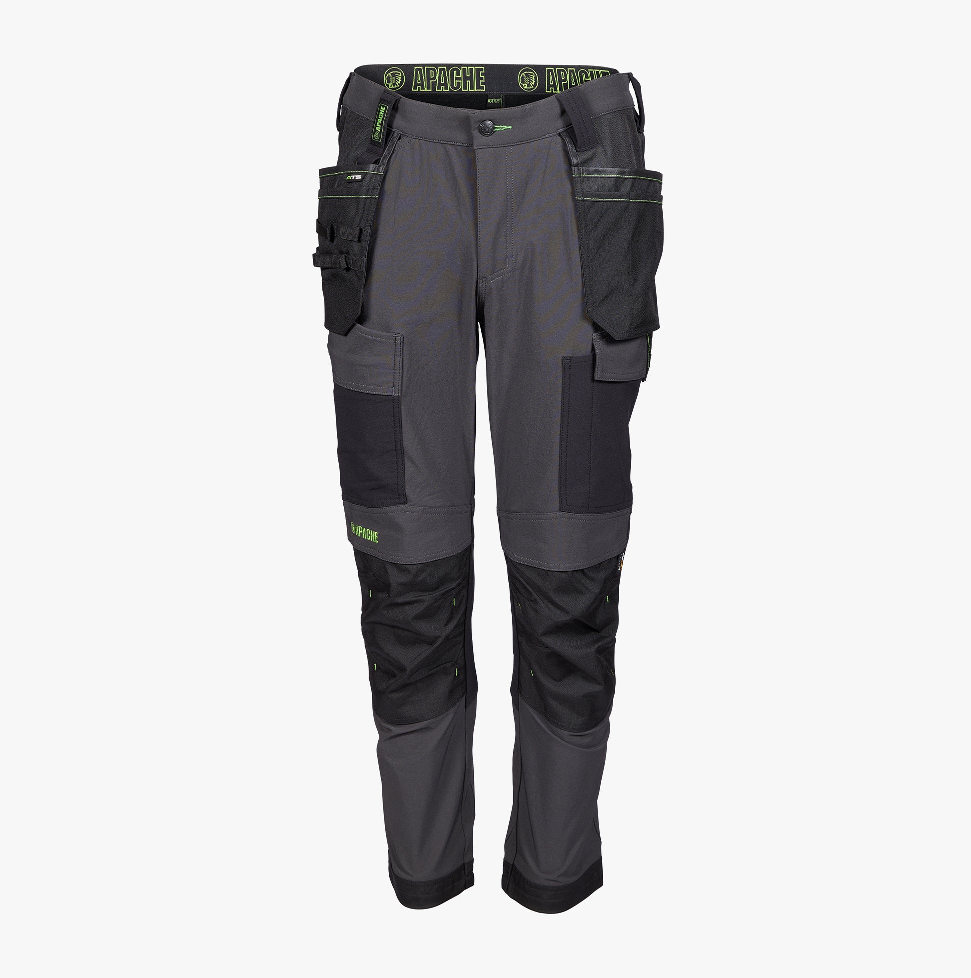 Apache CALGARY Mens Trousers Black front view showcasing design and features with pockets and Cordura-reinforced knee pads.