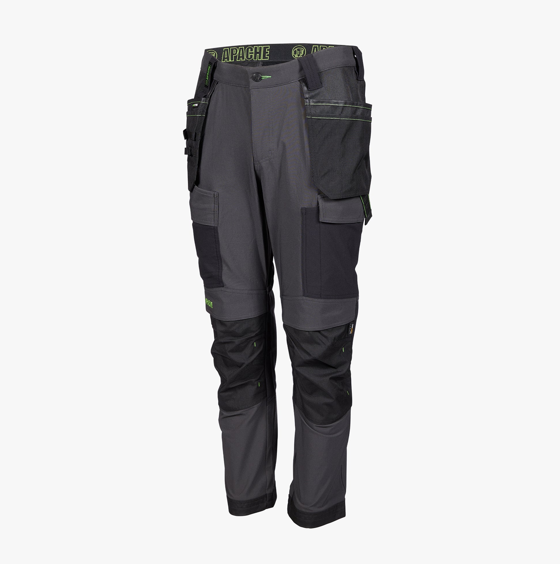 Apache CALGARY Mens Trousers Black front view with multiple pockets and Cordura-reinforced knee pads.