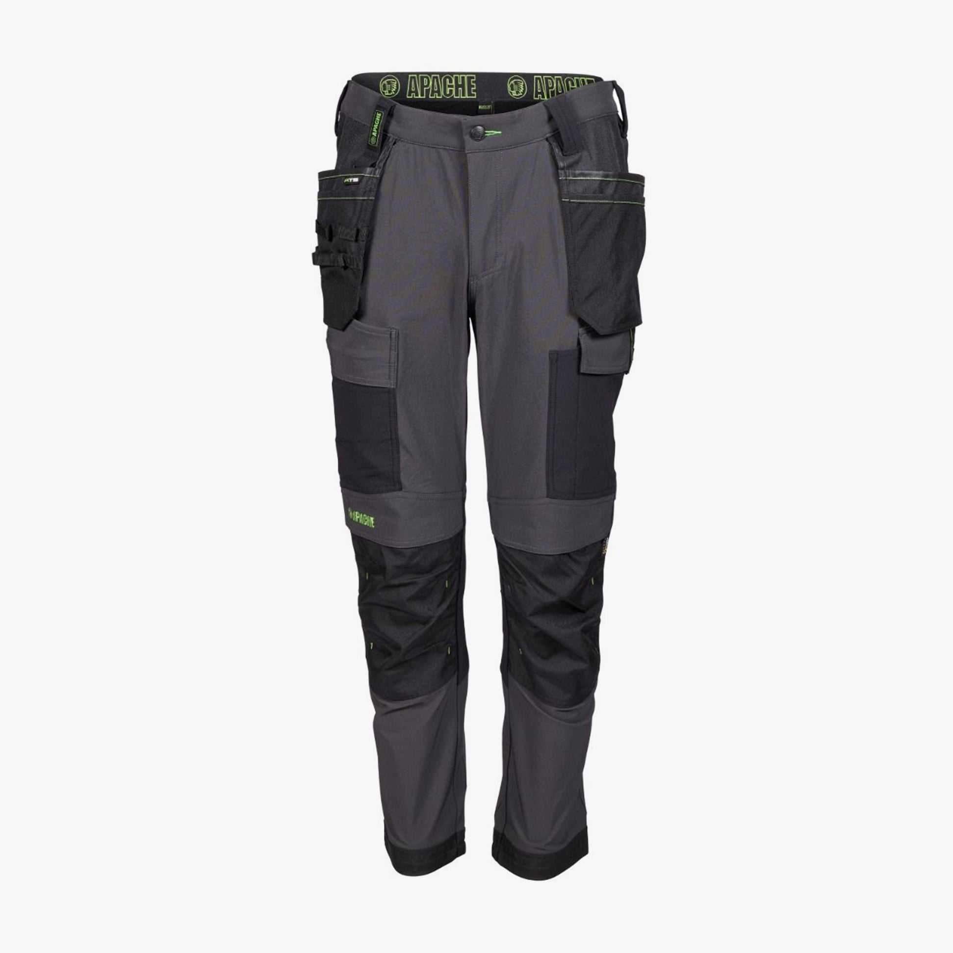 Apache CALGARY Mens Trousers Grey Black front view with cargo pockets and Cordura-reinforced knee pads.
