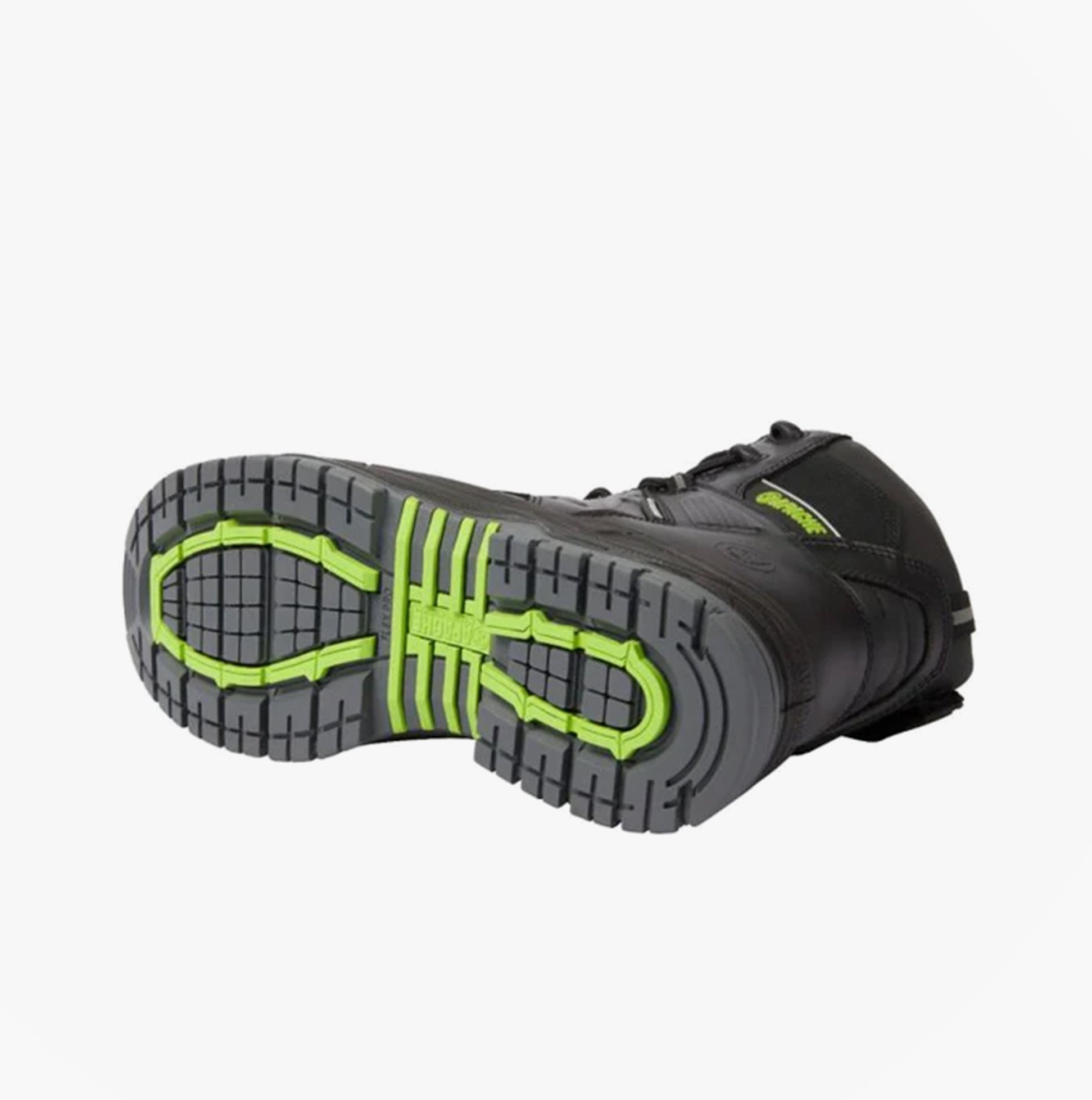 Apache CHILLIWACK Unisex Boots Black bottom view with rubber sole and green accents.