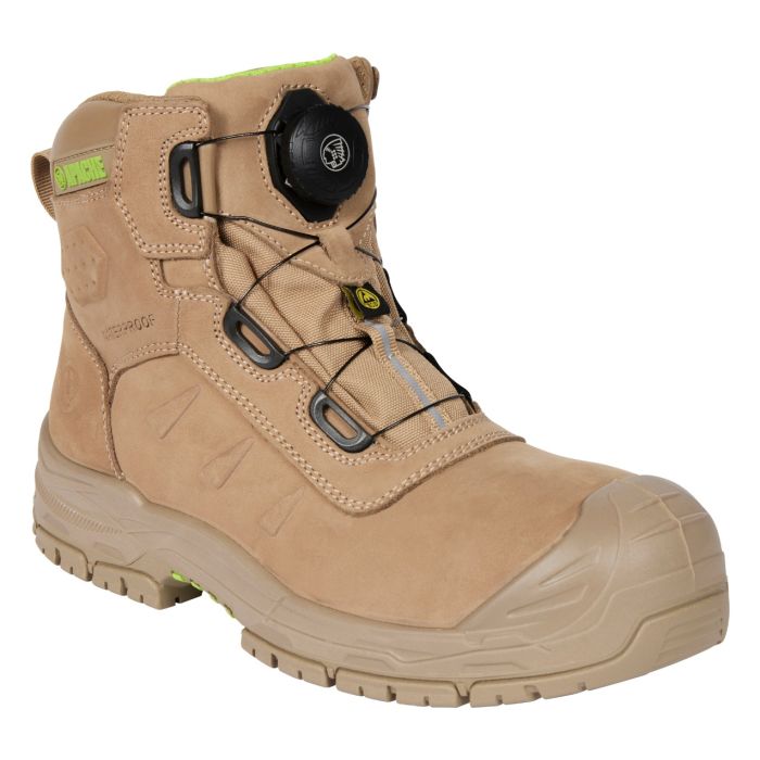 Apache CHURCHILL Unisex Boots Stone side view of waterproof lace-up safety boots in tan color.