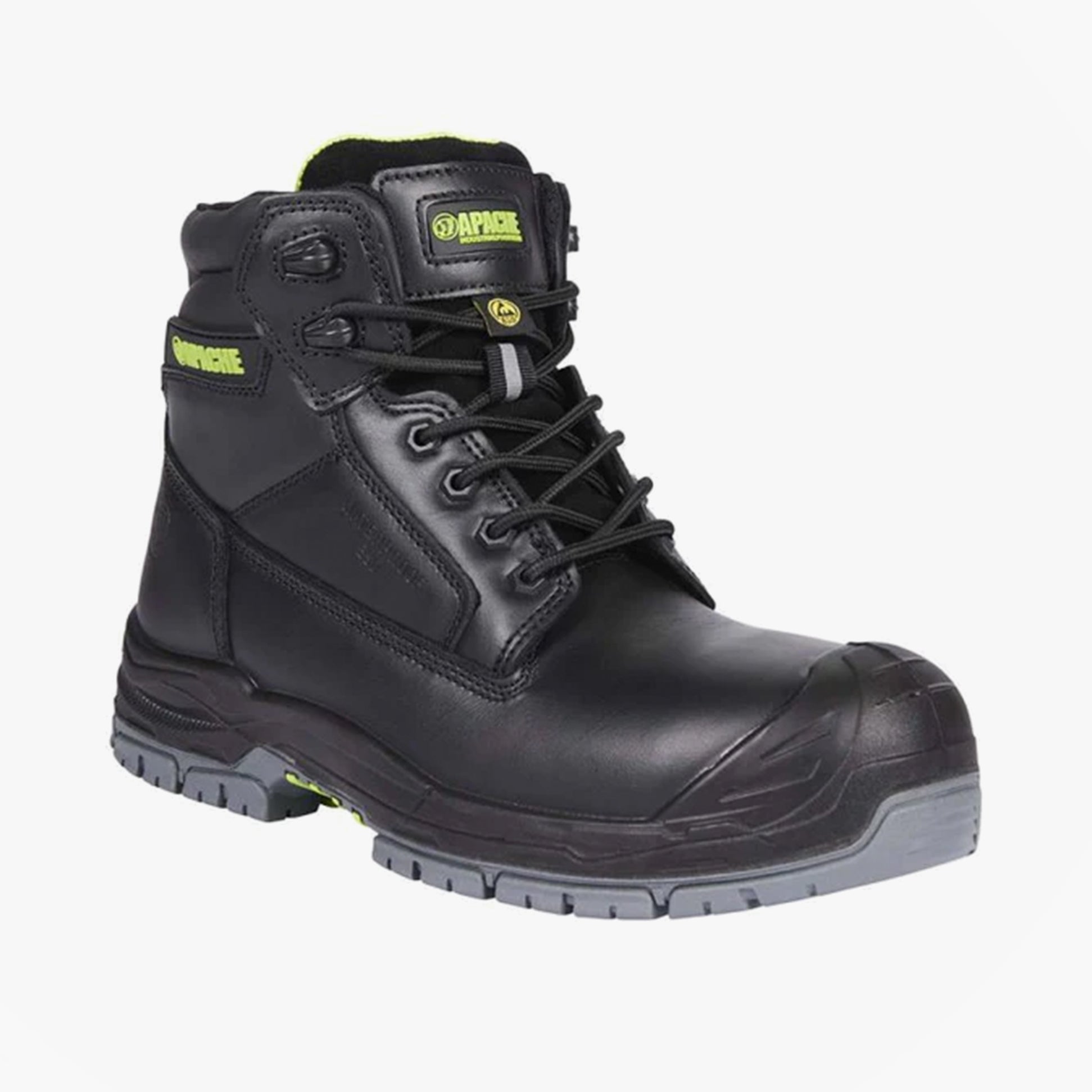Apache CRANBROOK Unisex Boots Black side view showcasing leather upper and composite toe for safety.