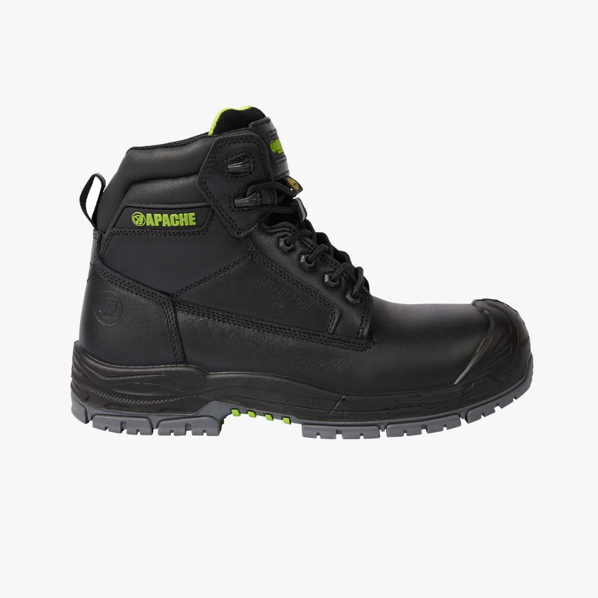 Apache CRANBROOK Unisex Boots Black side view, safety ankle boots with lace-up closure and rubber sole.