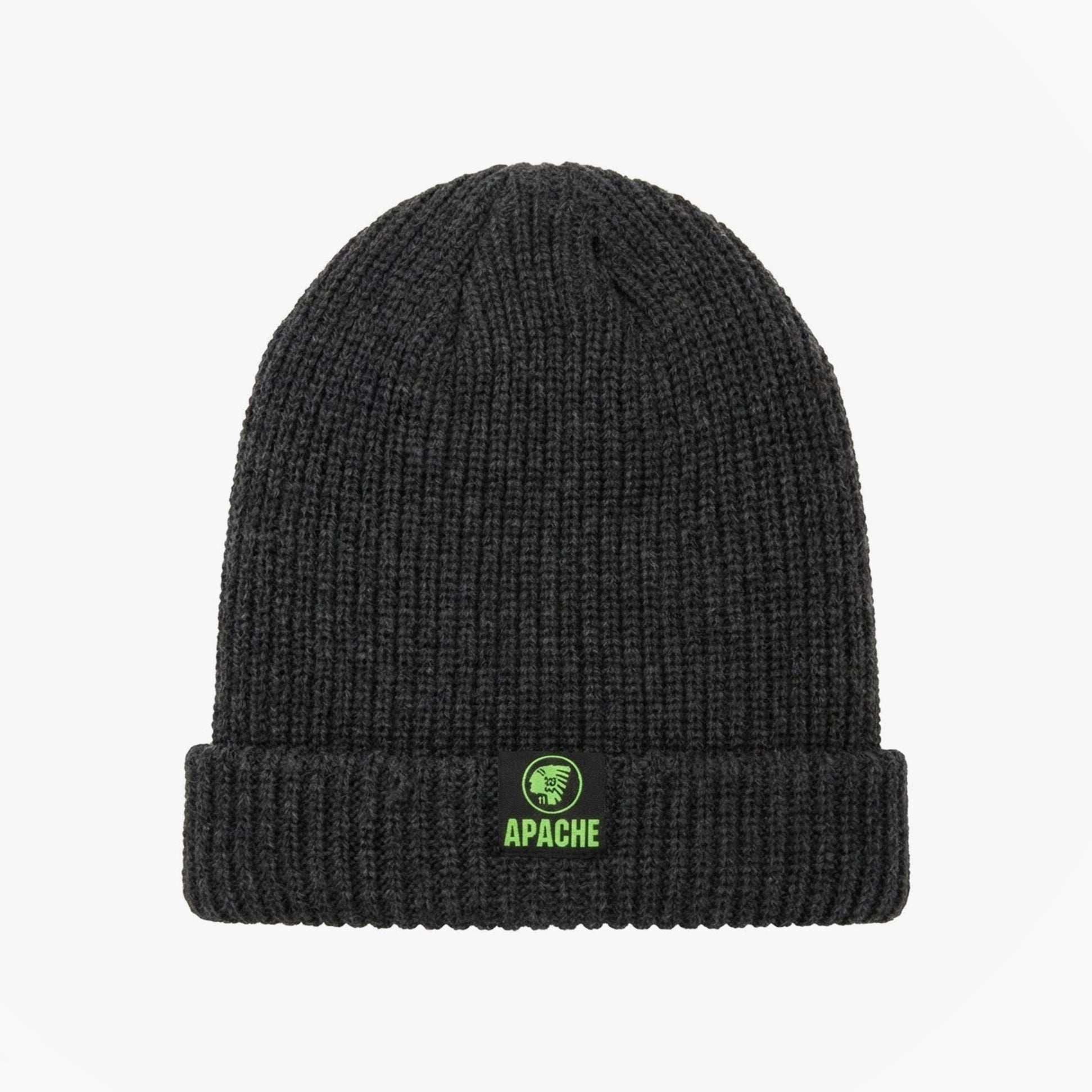 Apache DAWSON Unisex Workwear Beanie Hat Charcoal Grey front view with green Apache logo