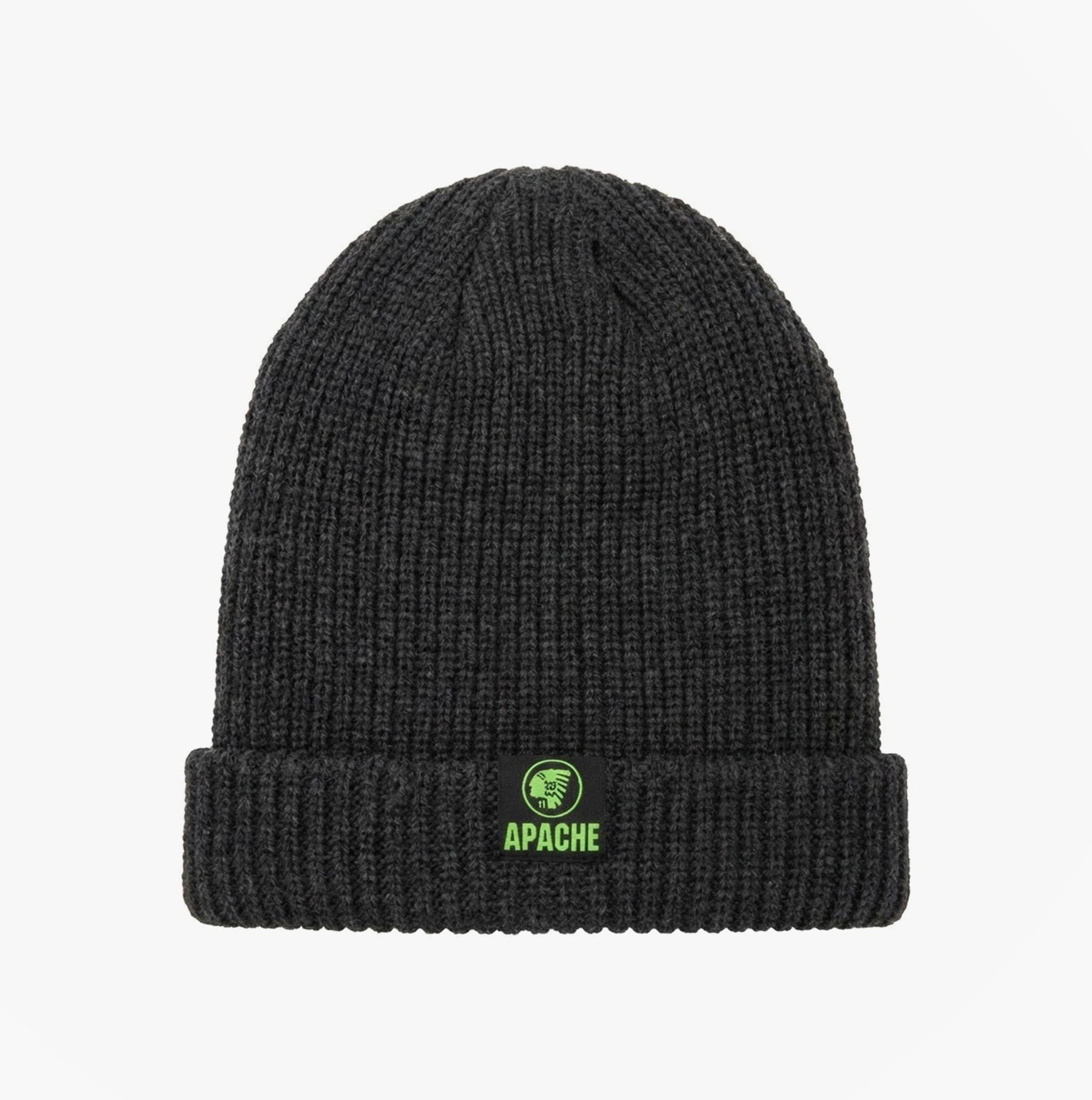 Apache DAWSON Unisex Workwear Beanie Hat Charcoal Grey front view with green Apache logo