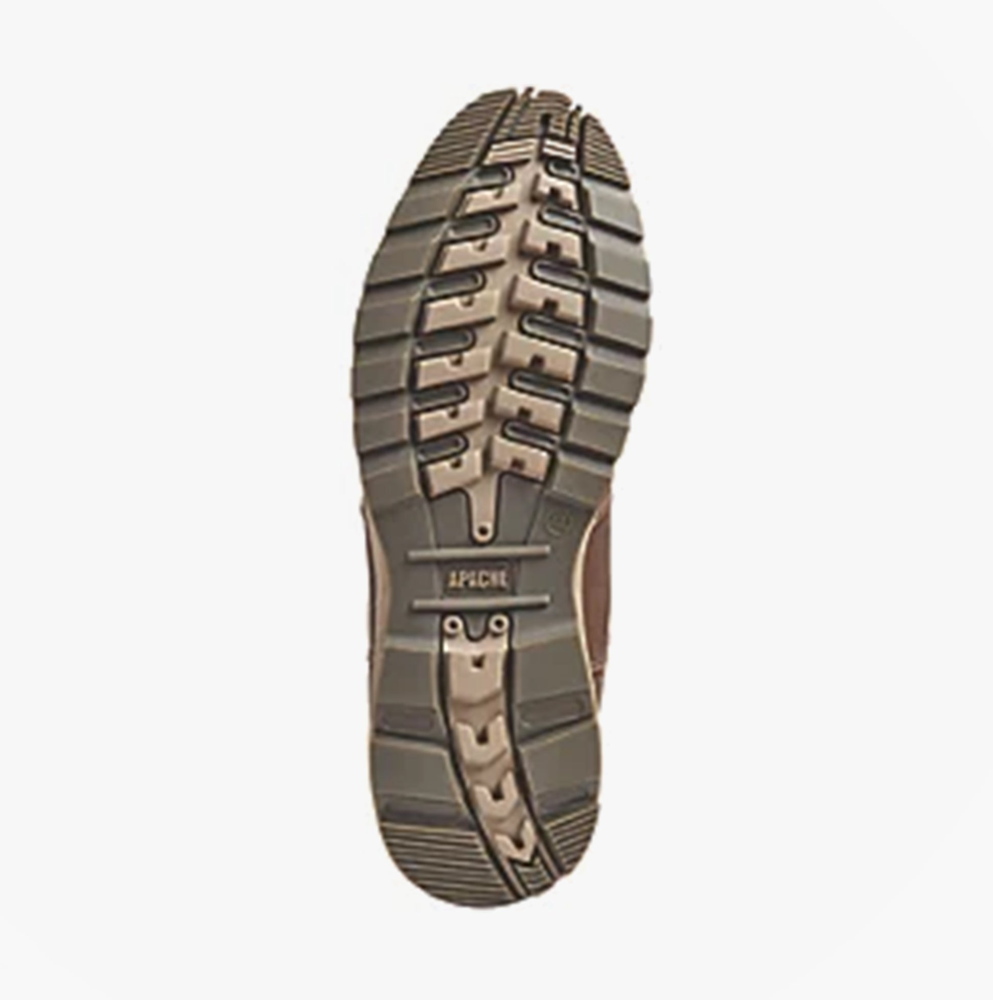 Apache FLYWEIGHT Mens Dealer Boots Brown rubber sole view with unique tread pattern and grip features.