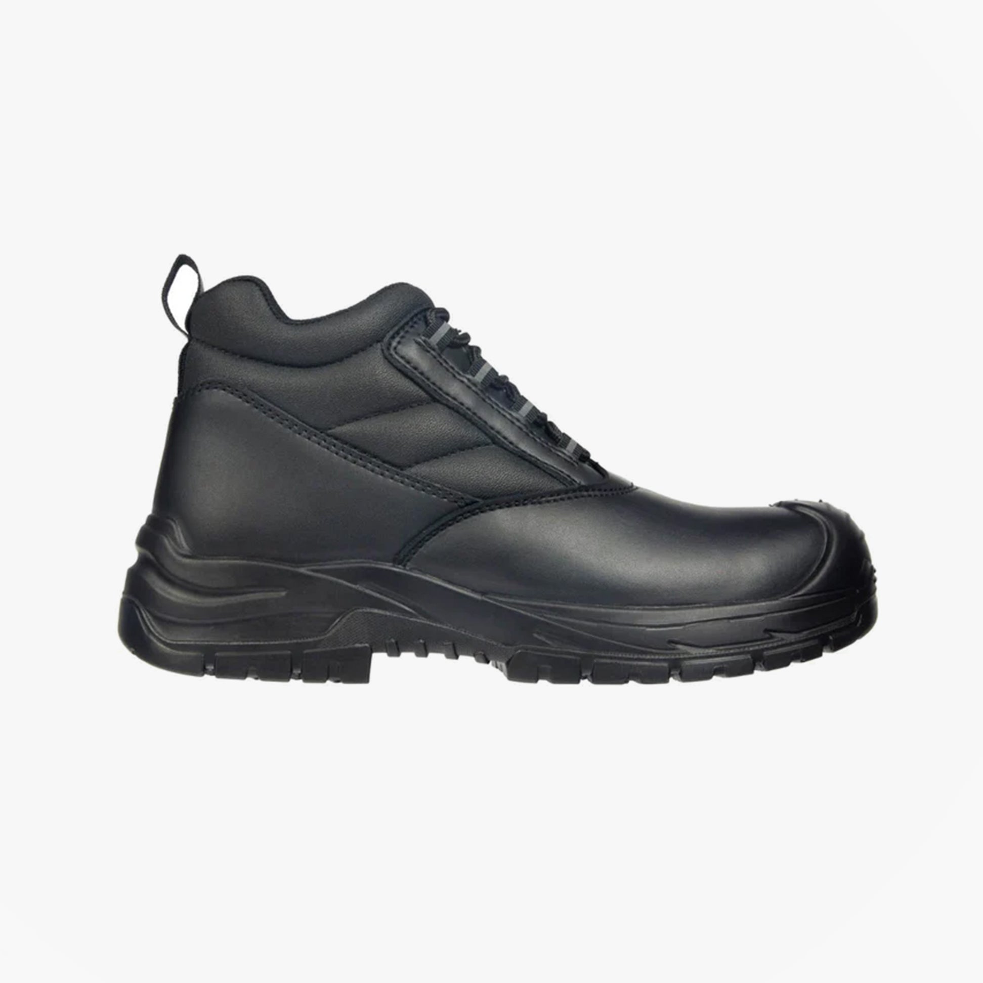 Apache HAMILTON Unisex Boots Black side view, safety boots with leather upper and rubber sole.