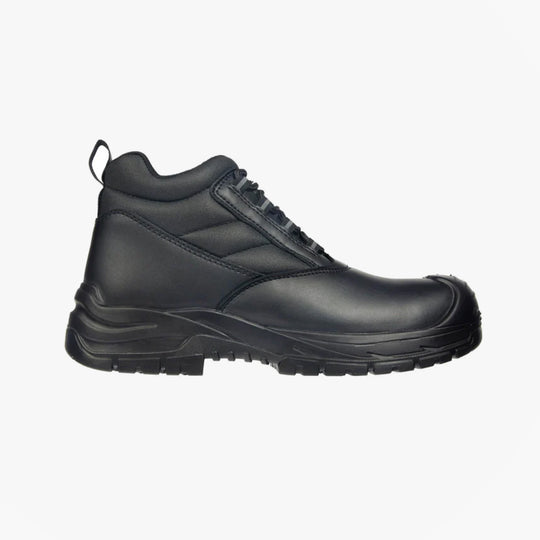 Apache HAMILTON Unisex Boots Black side view, safety boots with leather upper and rubber sole.