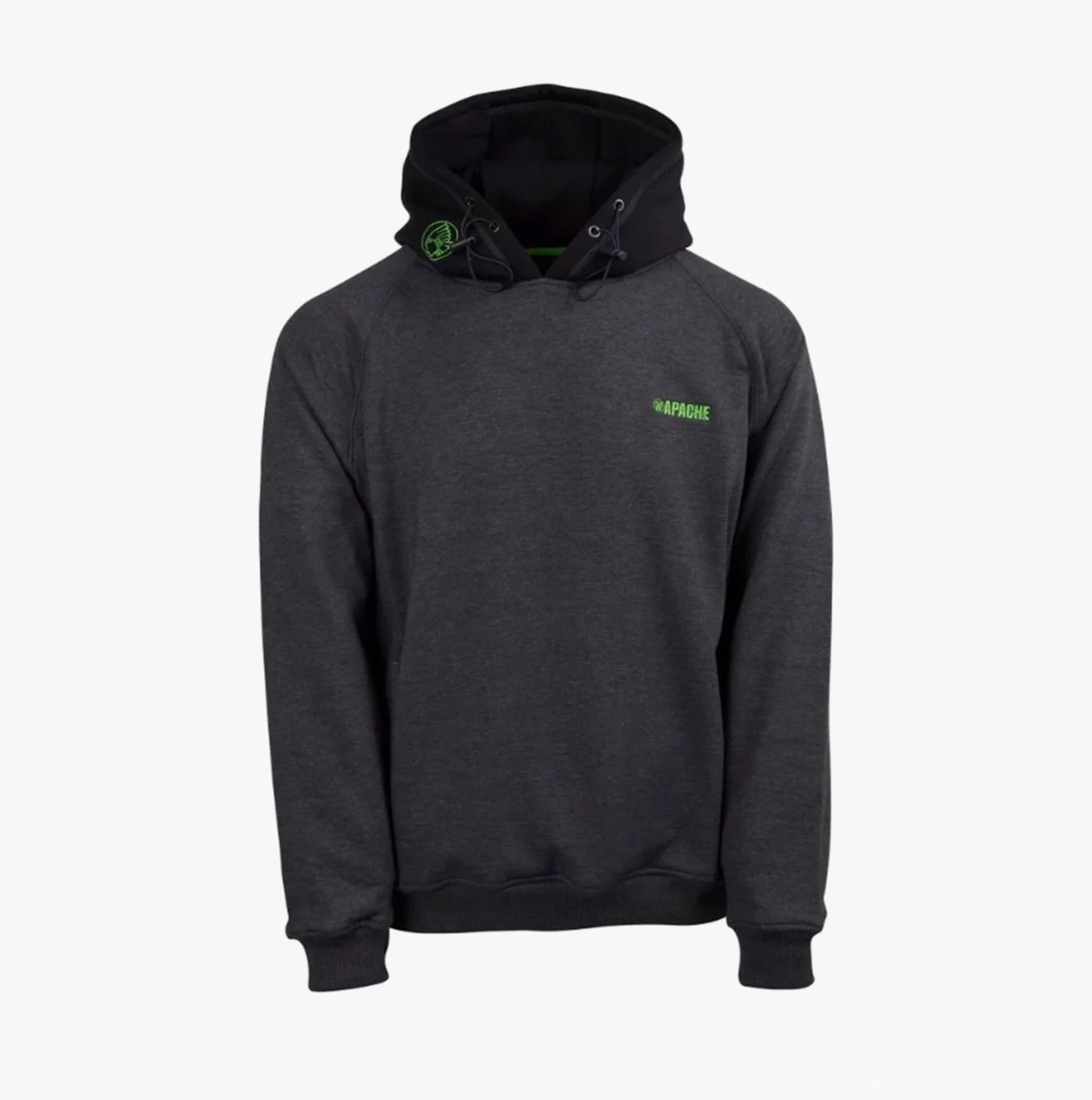 Apache KINGSTON Mens Hoody Grey Black front view showcasing kangaroo pocket and adjustable hood.