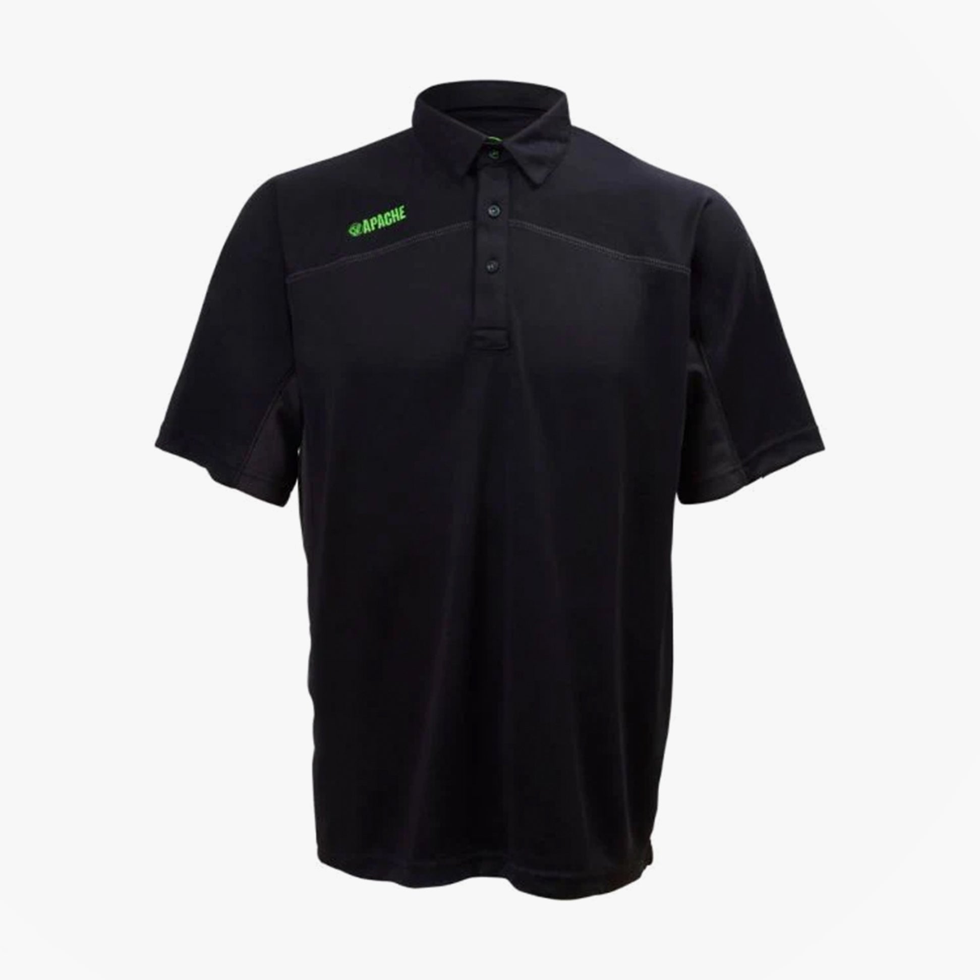 Apache LANGLEY Mens Polo Shirt Black Grey front view showcasing the sleek design and green logo.