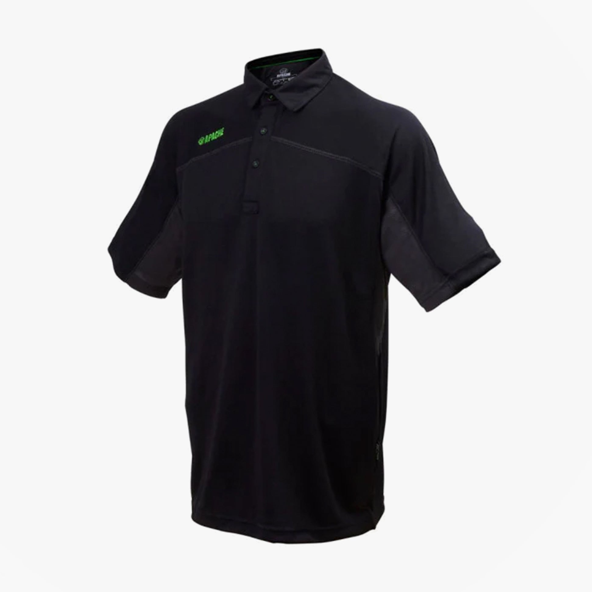 Apache LANGLEY Mens Polo Shirt Black Grey front view showing short sleeves and collar with logo.