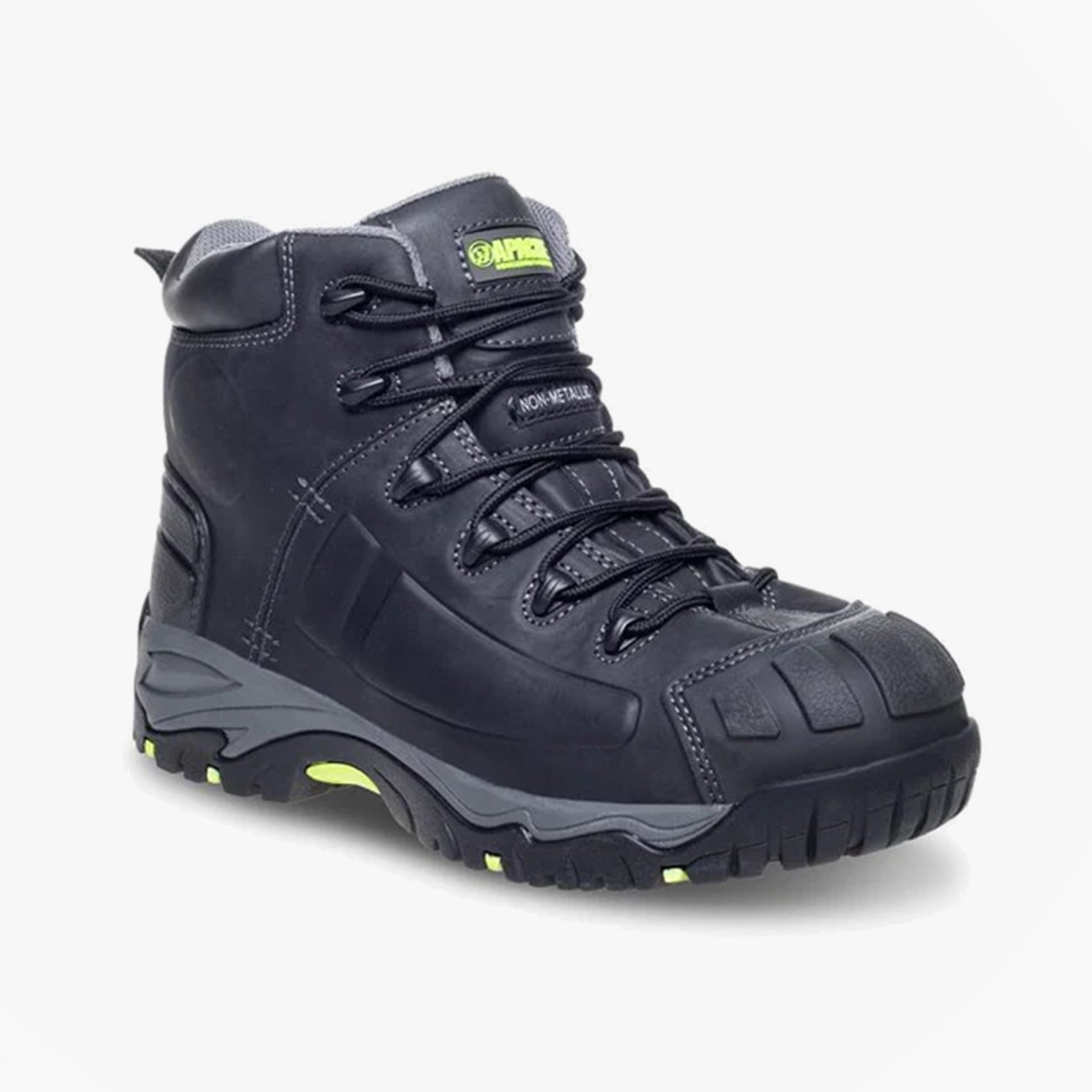 Apache MERCURY Unisex Boots Black side view showcasing safety features and lace-up design.