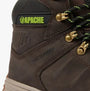 Apache MOOSE Unisex Boots Brown detail view showing waterproof label and eyelets for laces