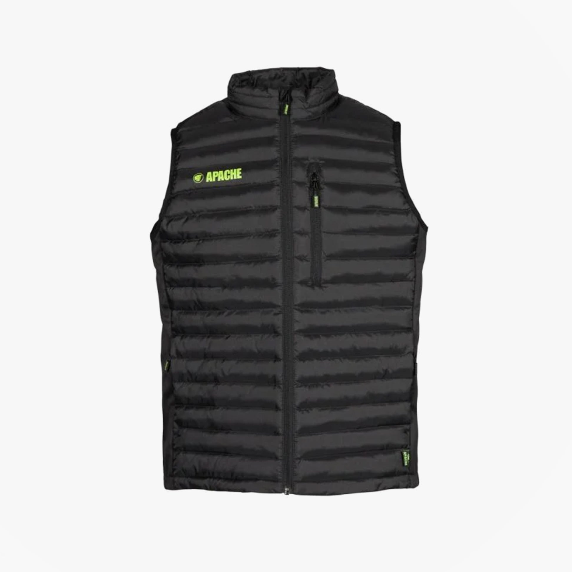 Apache PICTON Mens Gilet Black front view with zip closure and logo display.