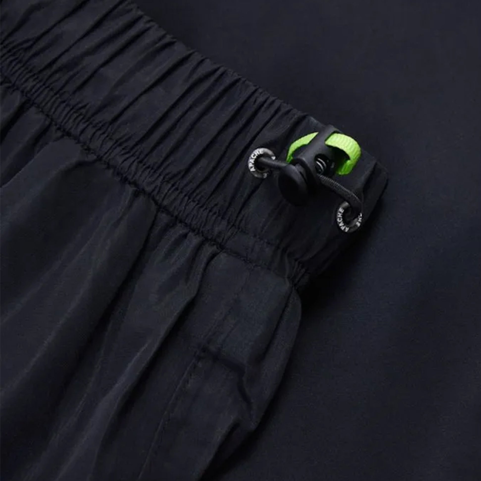 Apache QUEBEC Mens Over Trousers Black detail view of elasticated waist and toggle fastening