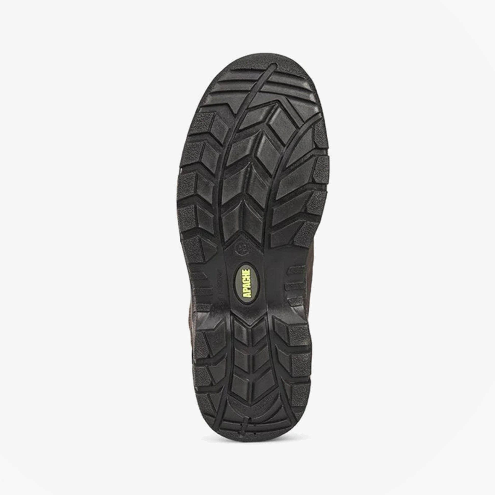 Apache SS812SM Unisex Boots Black sole view showcasing rubber tread design for traction and stability.