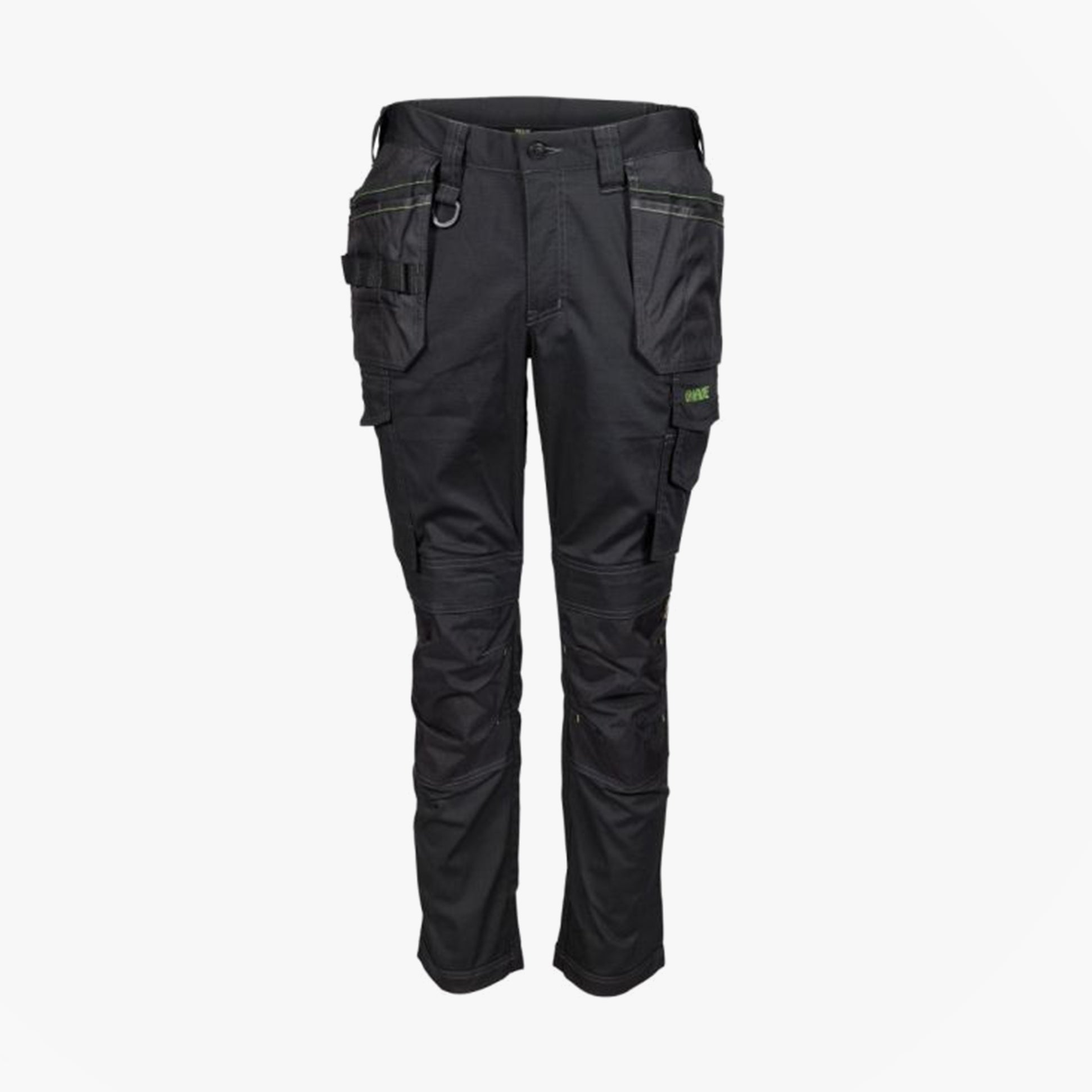 Apache SUDBURY Mens Trousers Black front view showcasing slim fit, pull-on closure, and multiple cargo pockets.