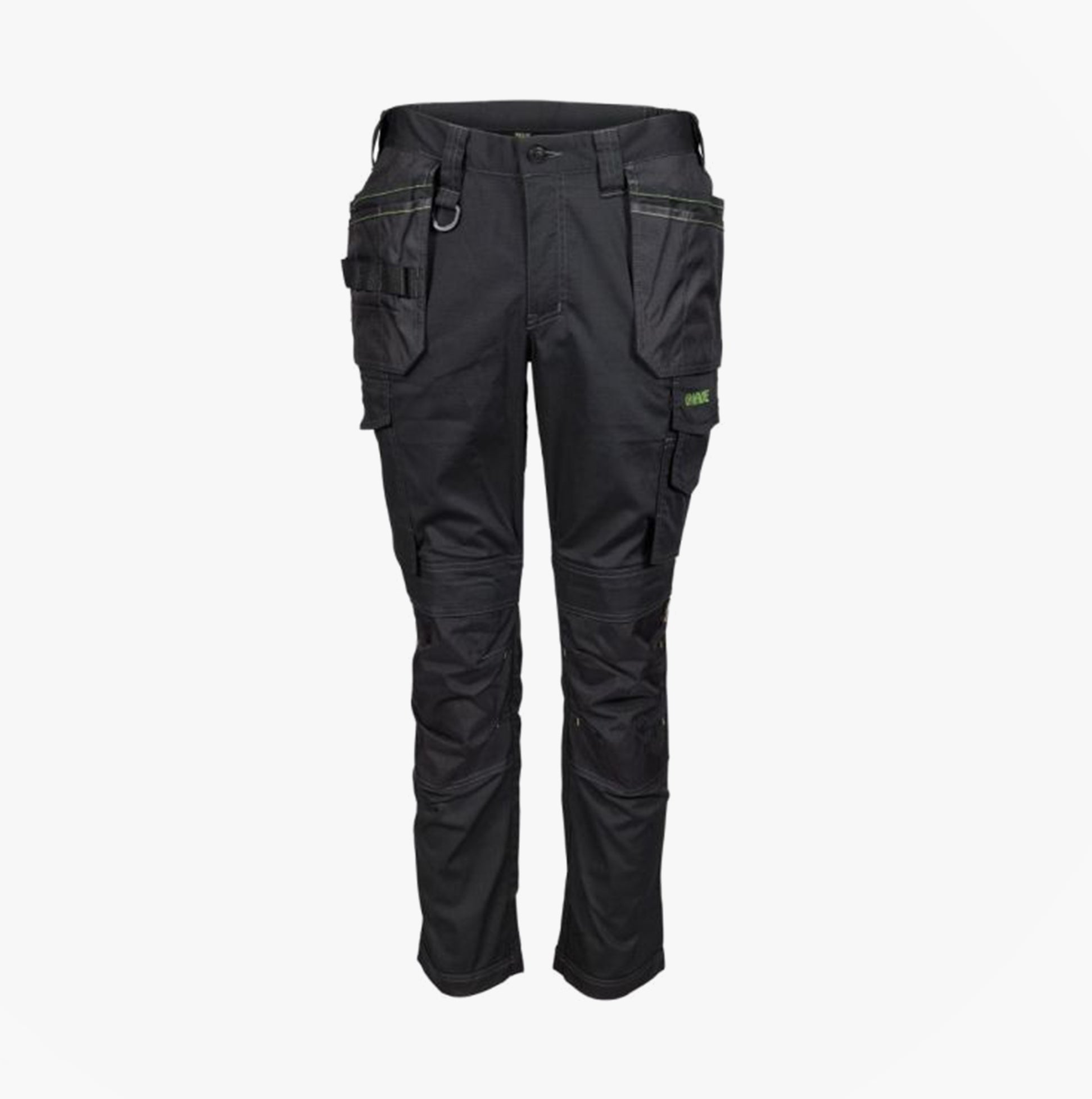 Apache SUDBURY Mens Trousers Black front view showcasing slim fit, pull-on closure, and multiple cargo pockets.