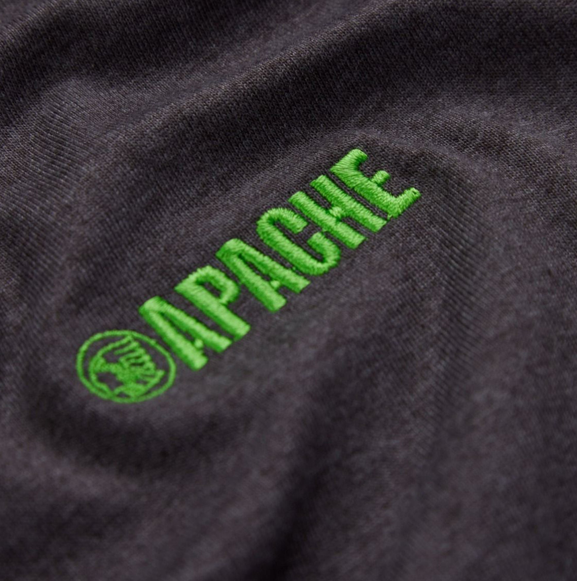 Apache VANCOUVER Mens T Shirt Grey detail view of green embroidered logo on fabric