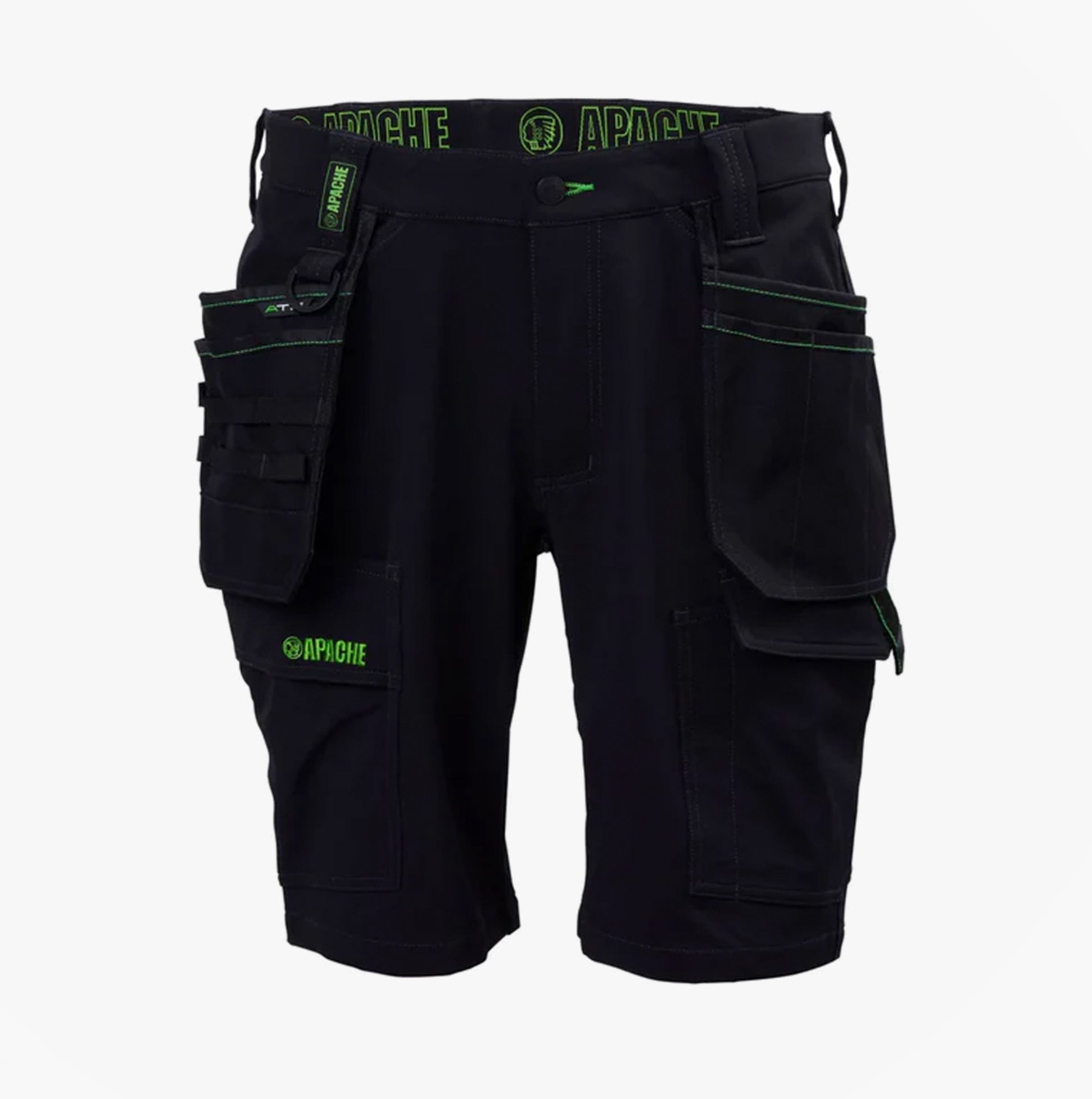Apache WHISTLER Mens Workwear Shorts Black front view with multi-pocket features and green accents.
