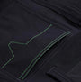 Apache WHISTLER Mens Workwear Shorts Black detail view of side cargo pocket with green stitching.