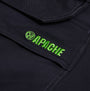 Detail view of Apache WHISTLER Mens Workwear Shorts Black logo in green stitching.