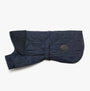 Barbour QUILTED DOG COAT Navy side view showcasing adjustable strap and buckle features.