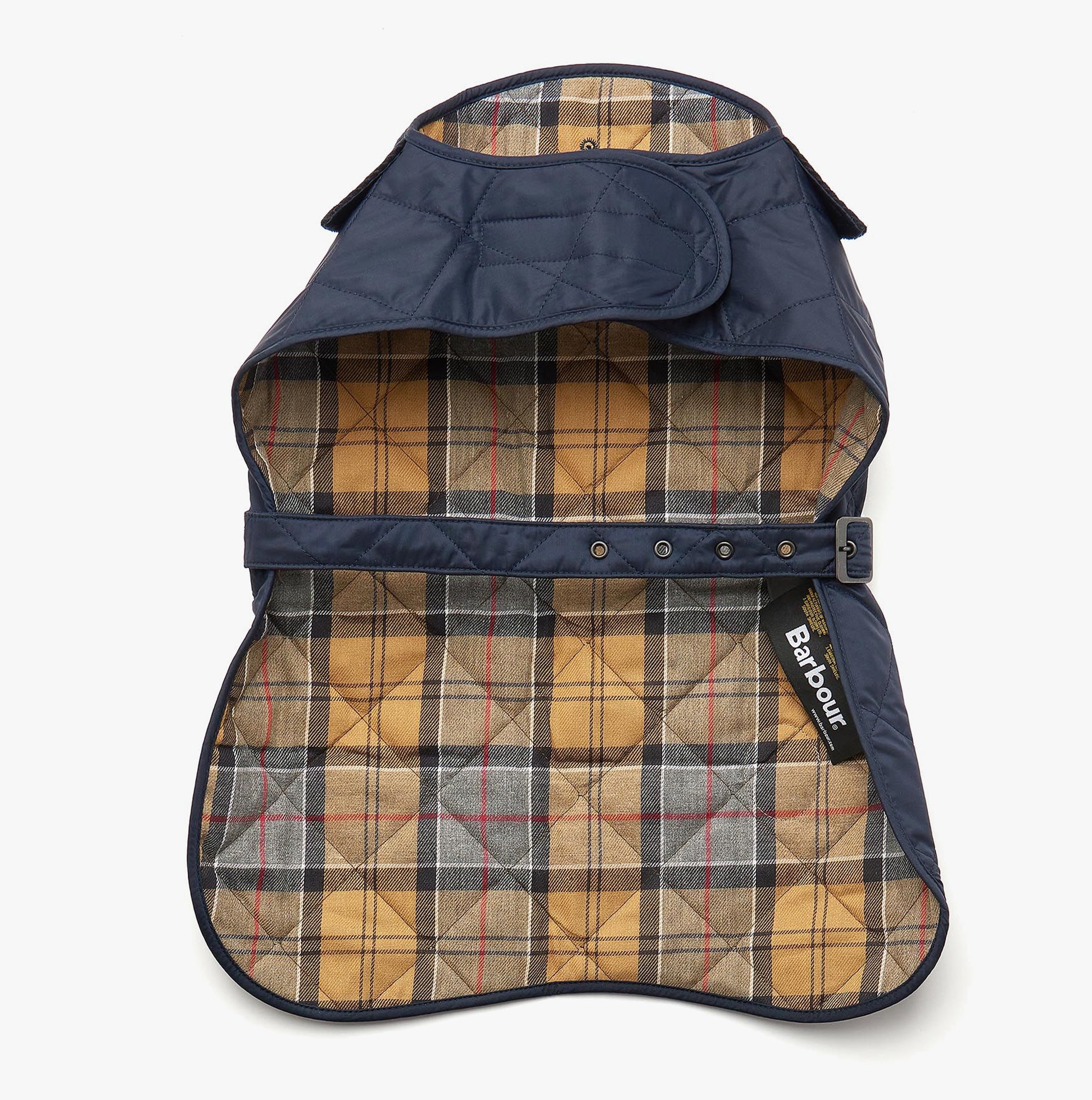 Barbour QUILTED DOG COAT Navy front view showing interior lining and adjustable strap.