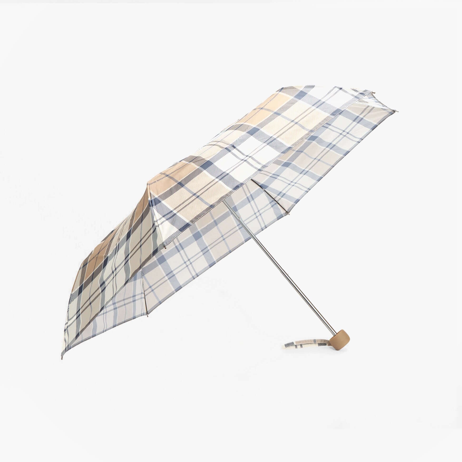 Barbour PORTREE Umbrella Hessian Navy Tartan, side view showcasing blue and beige tartan pattern.
