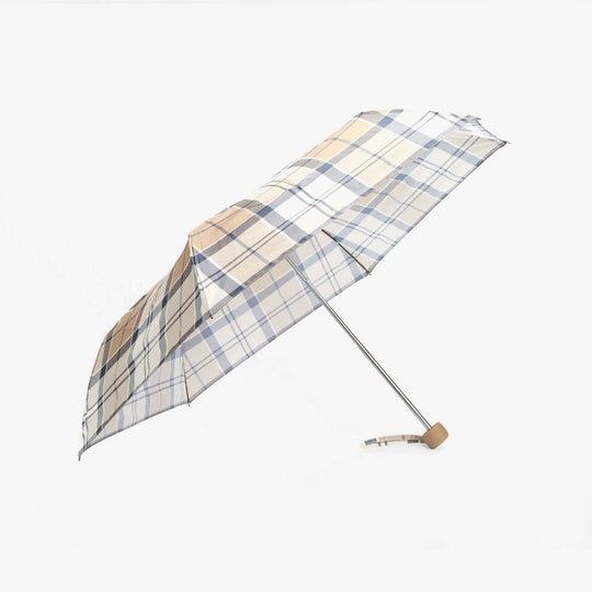 Barbour PORTREE Umbrella Hessian Navy Tartan, side view showcasing blue and beige tartan pattern.