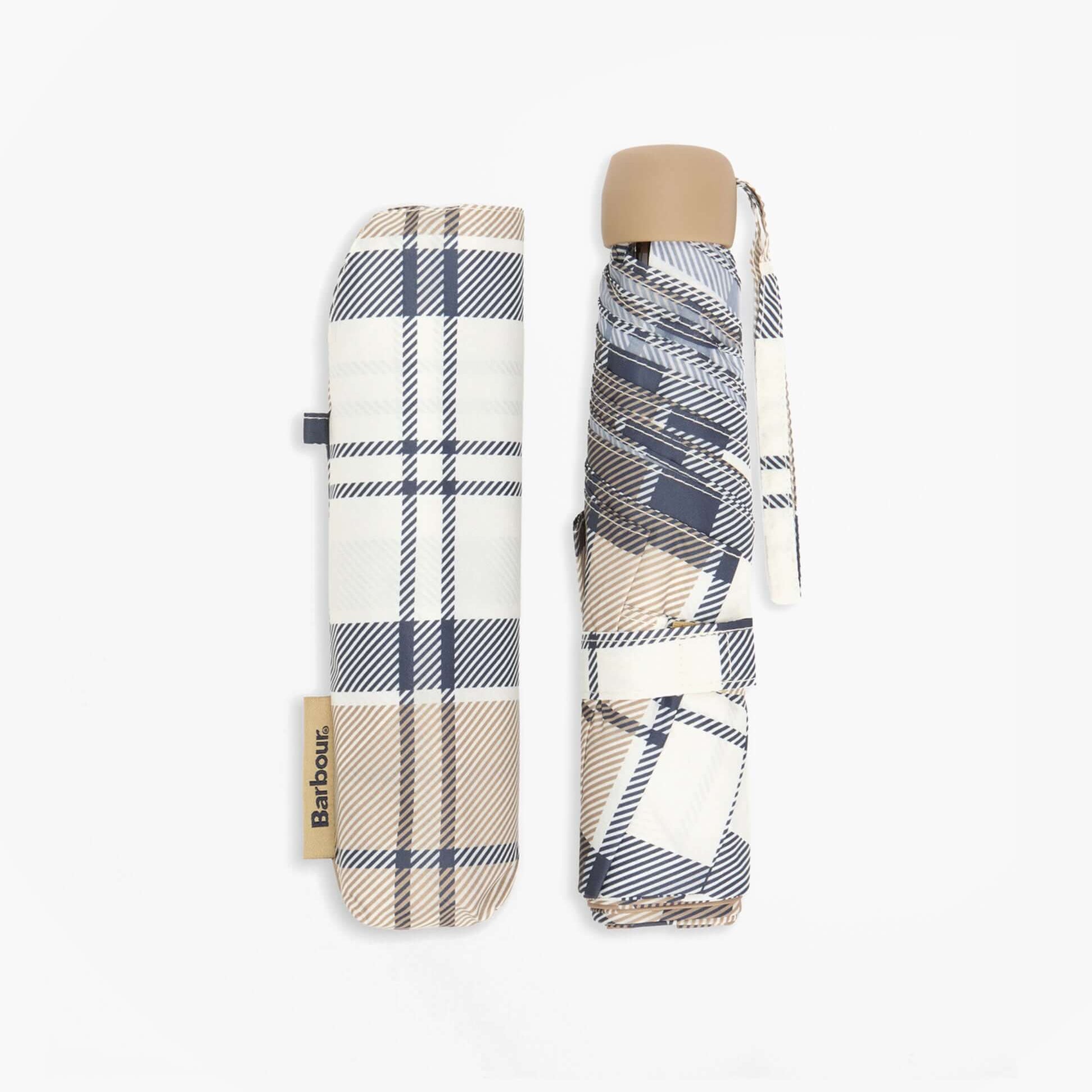 Barbour PORTREE Umbrella Hessian Navy Tartan folded view with plaid detailing and brand label.