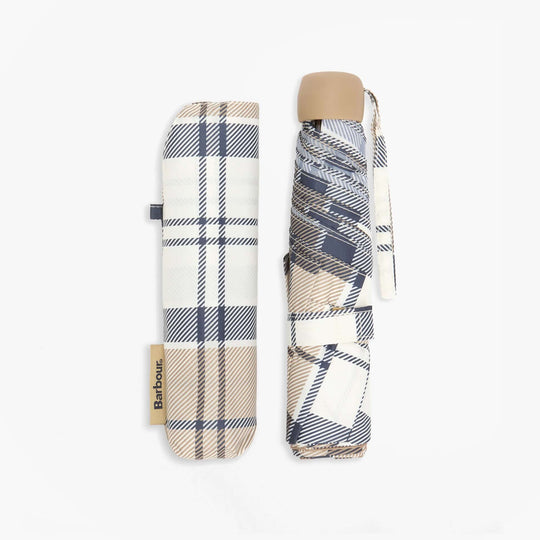 Barbour PORTREE Umbrella Hessian Navy Tartan folded view with plaid detailing and brand label.