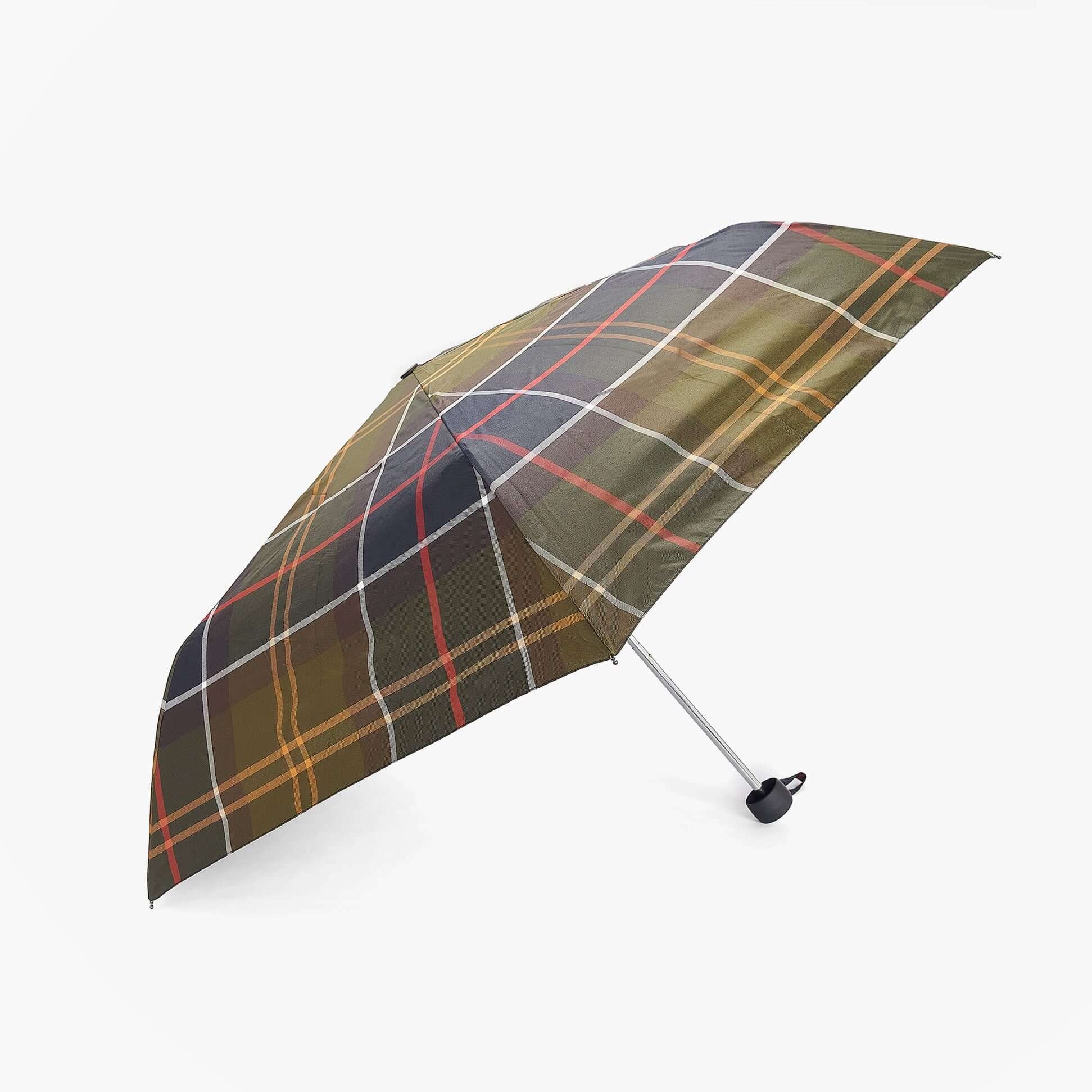 Barbour PORTREE Classic Umbrella Multi side view showing a plaid design with green, brown, and red colors.