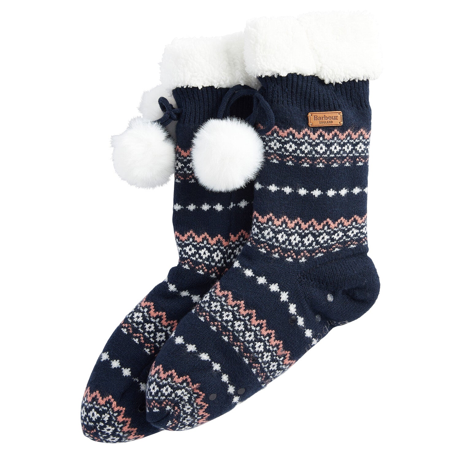 Barbour FAIRISLE Lounge Socks Womens Pink/Navy side view showing fluffy cuff and pom pom details