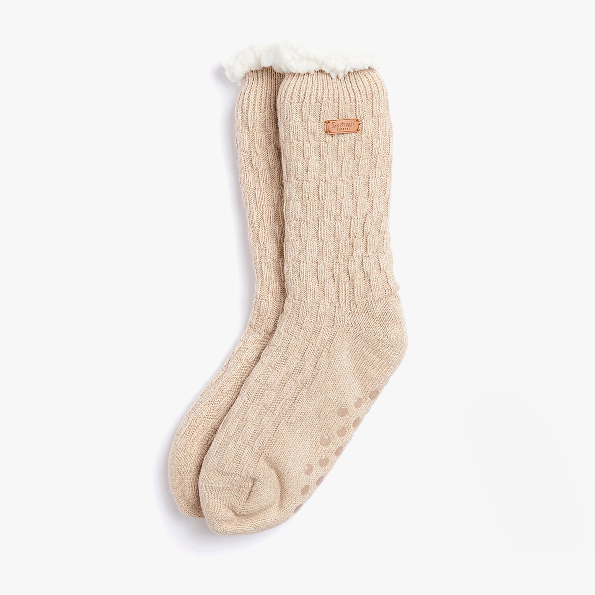 Barbour CABLE KNIT LOUNGE Socks Womens Socks Oatmeal side view showing texture and warmth of the acrylic and wool blend.