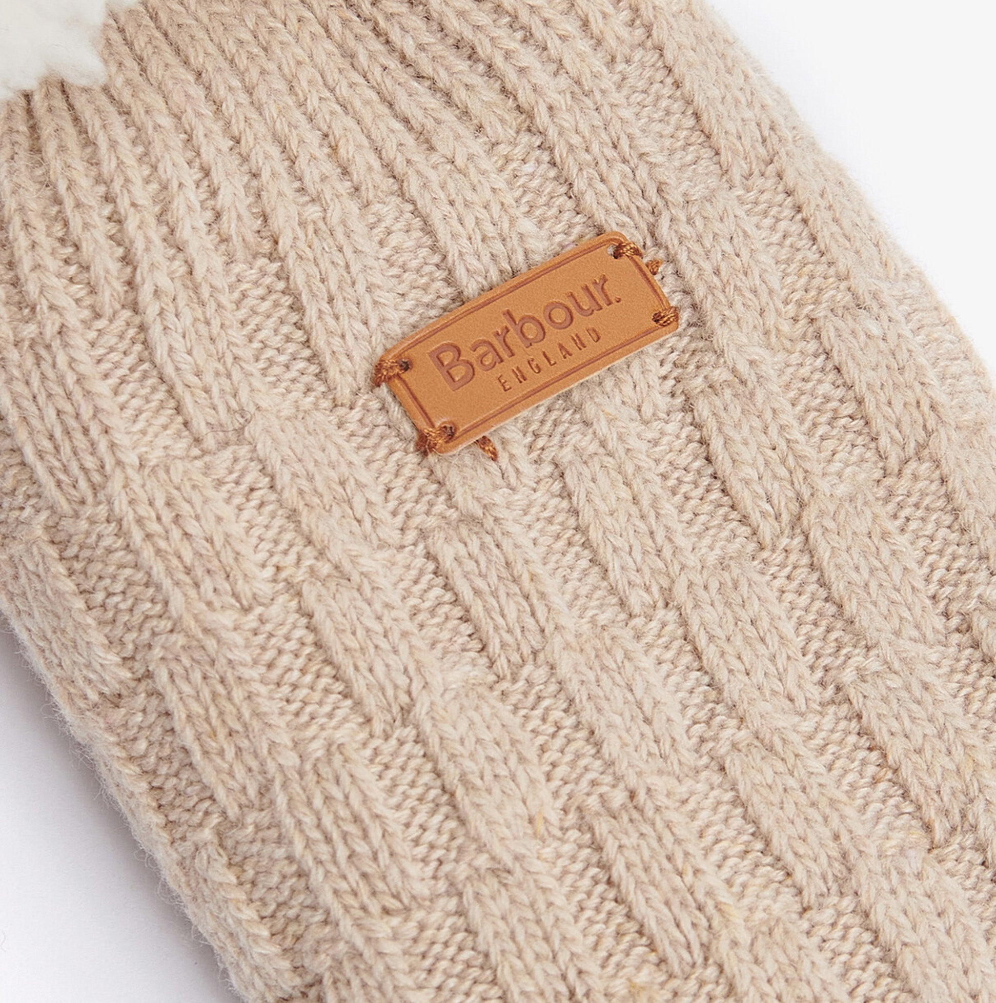 Barbour CABLE KNIT LOUNGE Socks Womens Socks Oatmeal close-up detail view showcasing cable knit pattern and brand label.