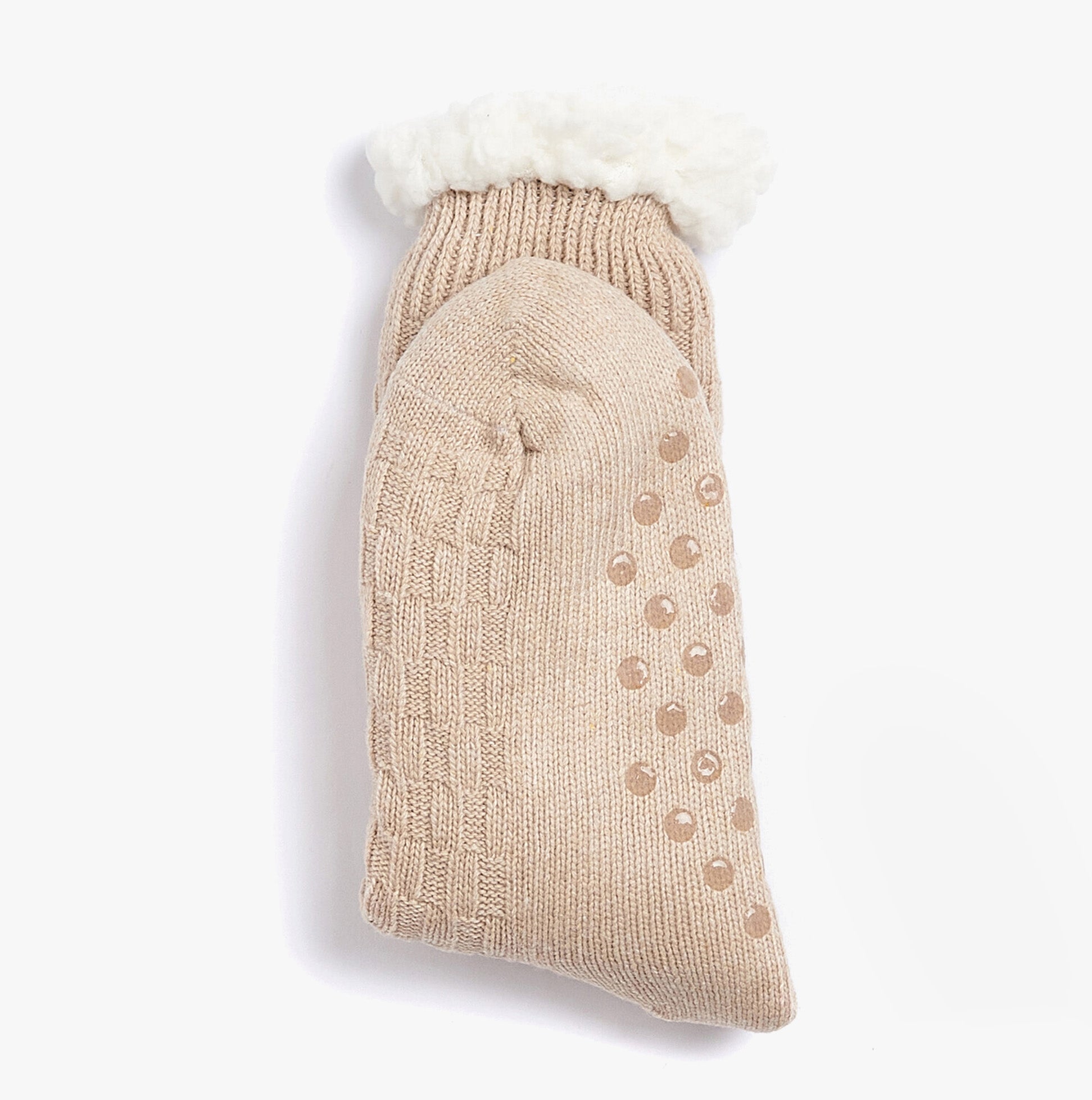 Barbour CABLE KNIT LOUNGE Socks Womens Socks Oatmeal side view showcasing cushioned texture and patterned grips.