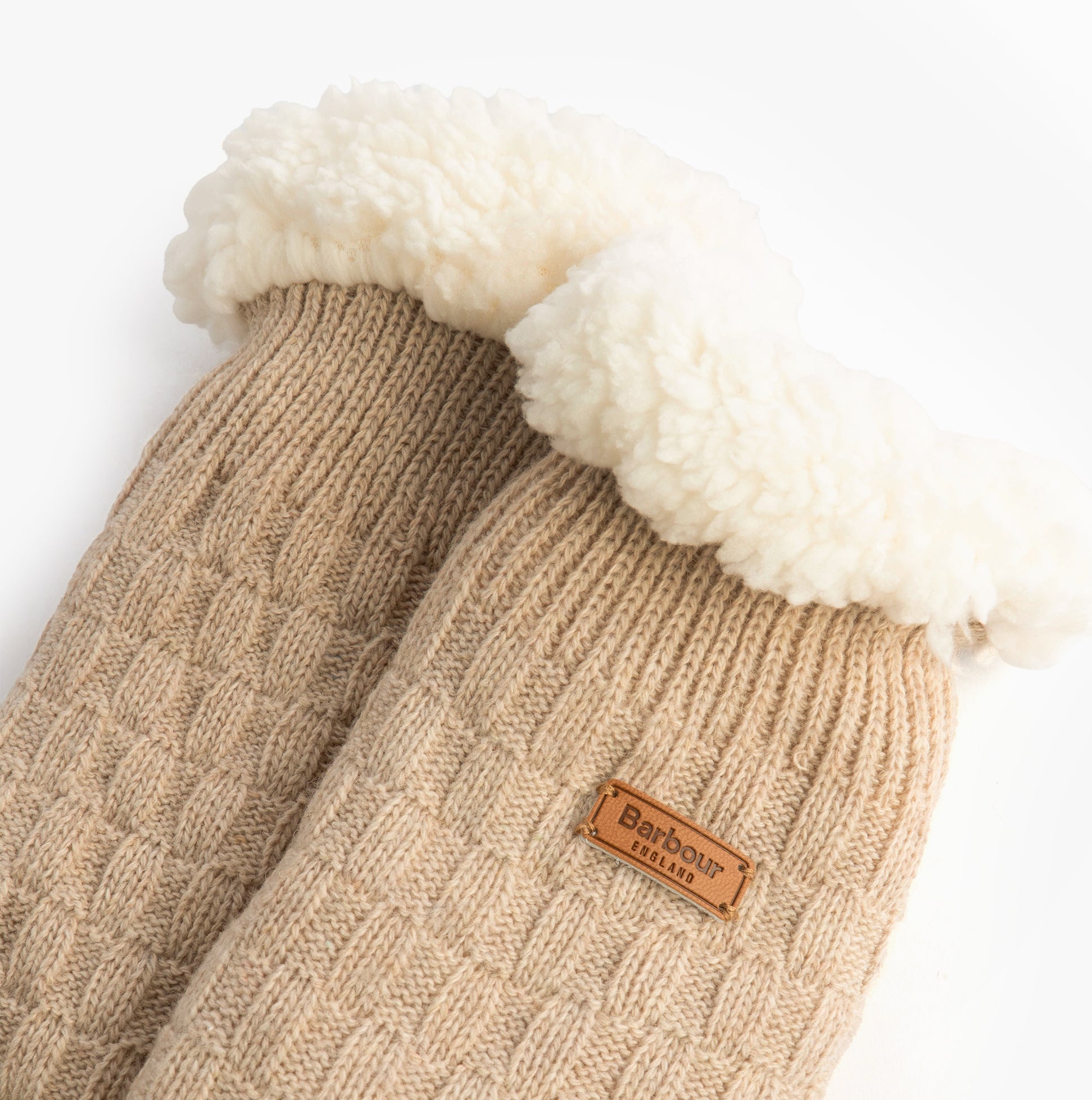 Barbour CABLE KNIT LOUNGE Socks Womens Socks Oatmeal top view showcasing soft fleece cuff and textured knit design.