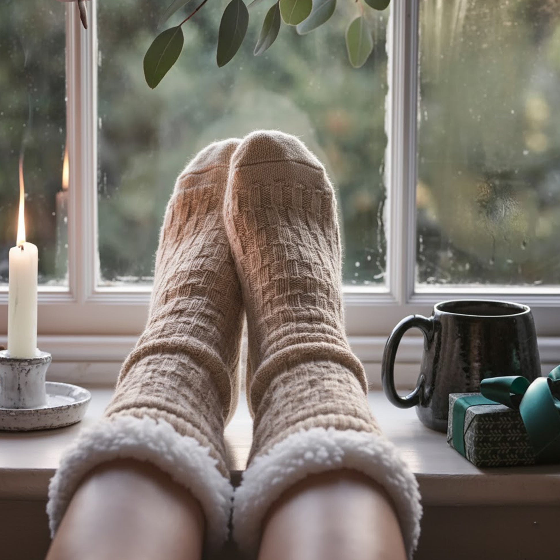 Barbour CABLE KNIT LOUNGE Socks Womens Socks Oatmeal, cozy view of socks on a window sill with candle and coffee mug.
