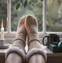 Barbour CABLE KNIT LOUNGE Socks Womens Socks Oatmeal, cozy view of socks on a window sill with candle and coffee mug.