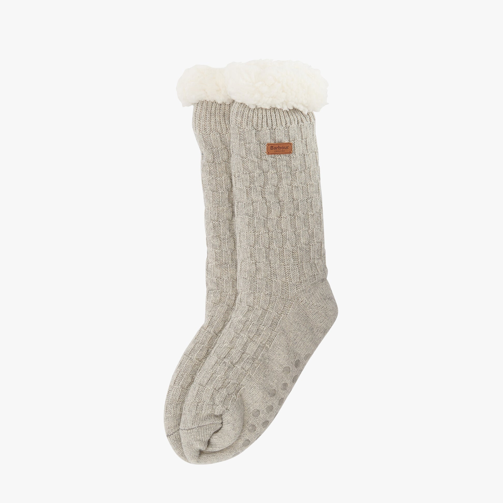 Barbour CABLE KNIT LOUNGE Socks Womens Light Grey Marl side view showcasing textured knit and plush cuff.