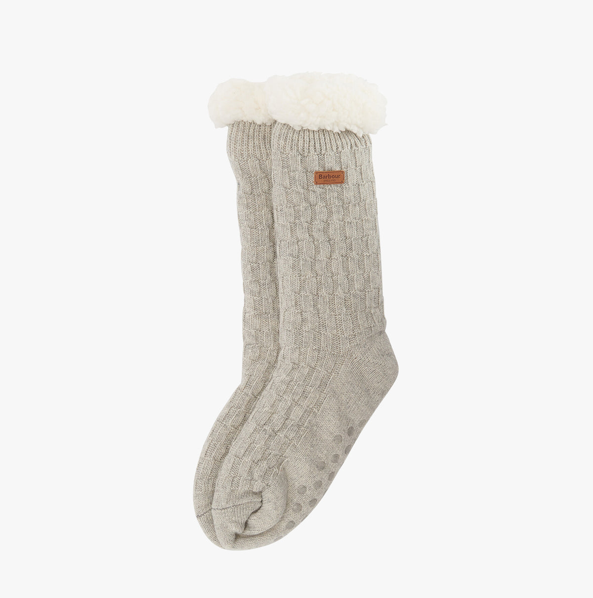 Barbour CABLE KNIT LOUNGE Socks Womens Light Grey Marl side view showcasing textured knit and plush cuff.