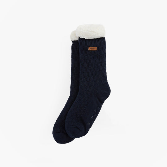 Barbour CABLE KNIT LOUNGE SOCKS Womens Socks Navy side view with faux fur lining and textured knit design.