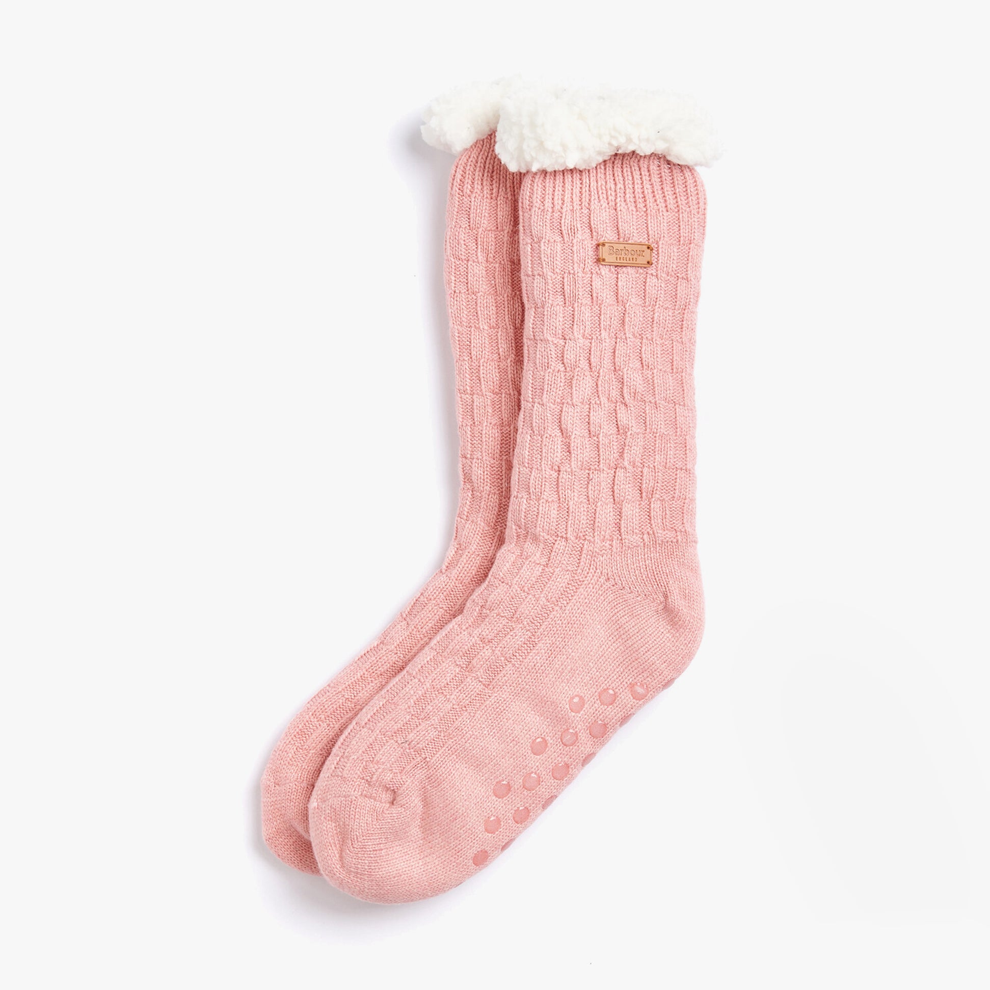 Barbour CABLE KNIT LOUNGE Socks Womens Socks Dusty Pink side view showcasing cozy design and plush top.