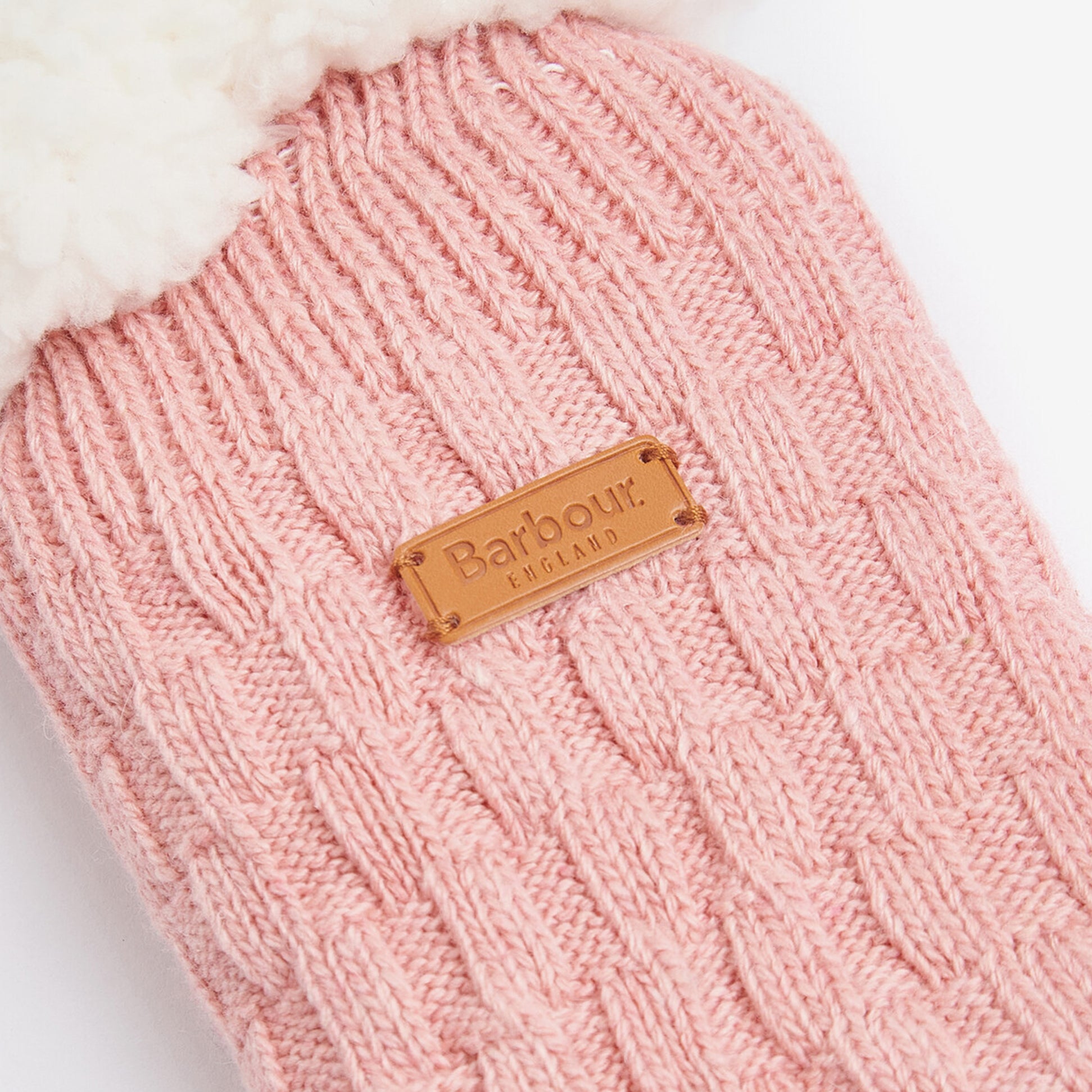Barbour CABLE KNIT LOUNGE Socks Womens Socks Dusty Pink close-up view showcasing knit detail and logo.