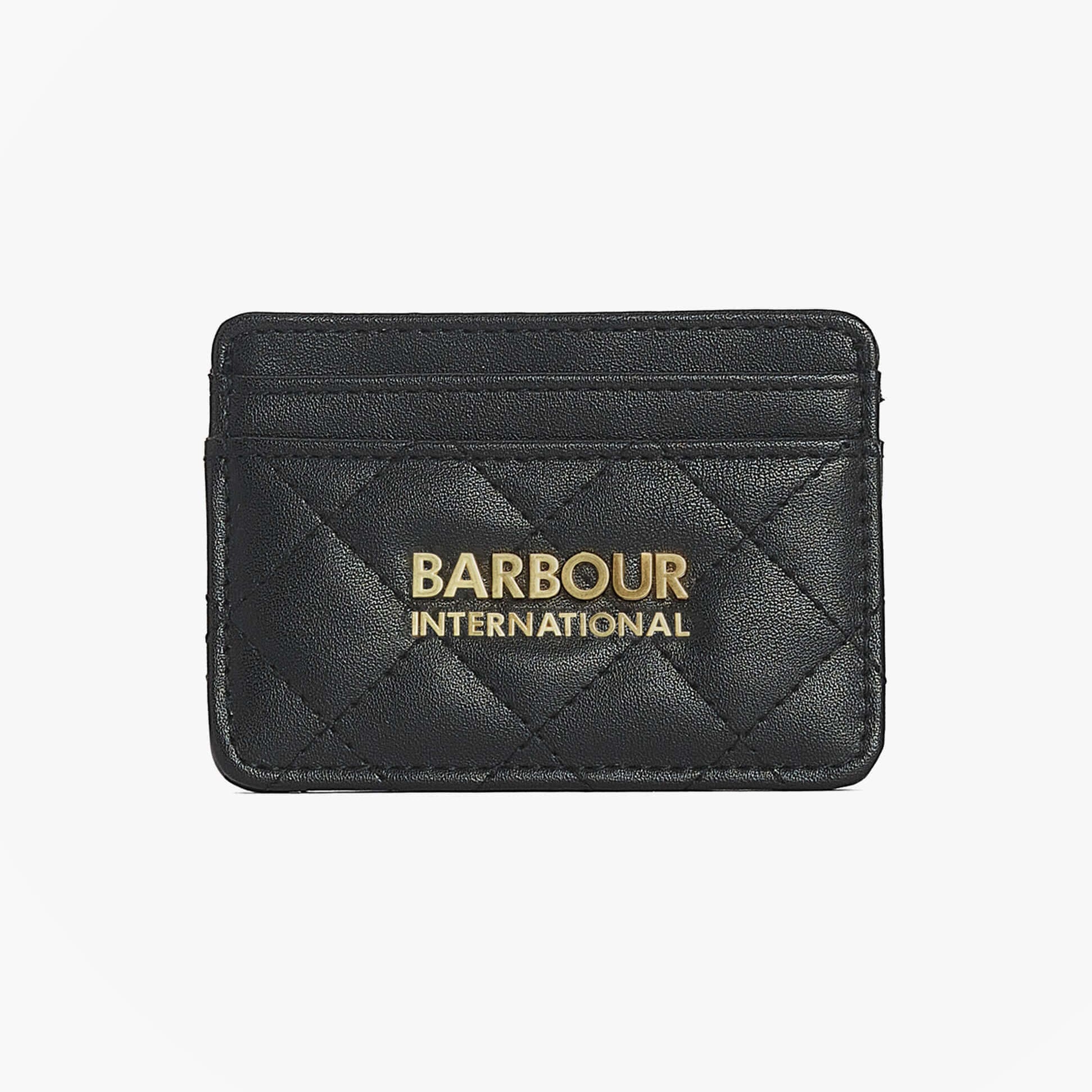 Barbour AURORA Womens Card Holder Black front view featuring quilted design and gold logo.