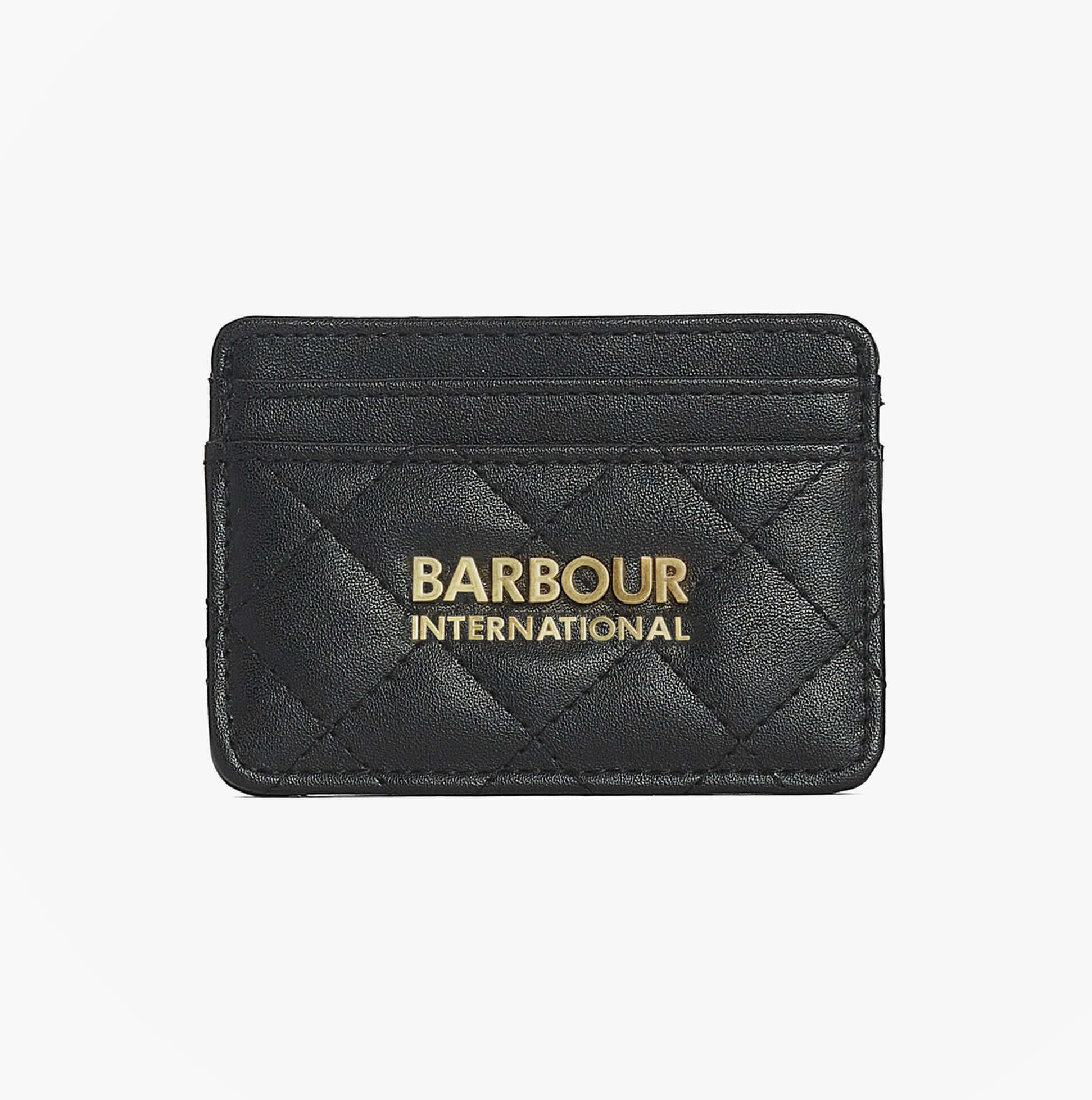 Barbour AURORA Womens Card Holder Black front view featuring quilted design and gold logo.